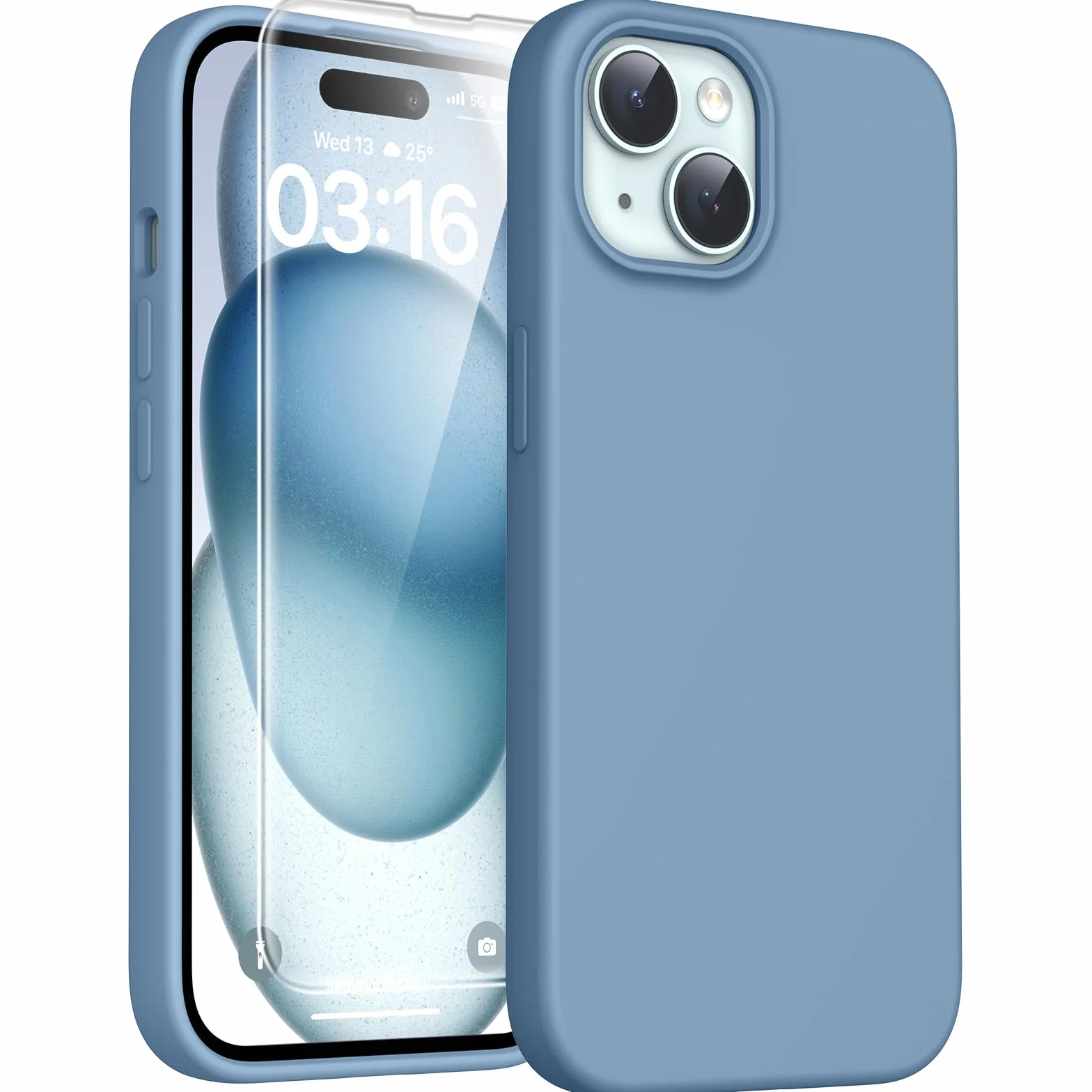 TOCOL Silikonowe etui 3 w 1 do iPhone'a 15 16,1 cala, z 2 szt. ochraniaczy ekranu ze szkła hartowanego HD, płynny silikon, smukłe, jedwabiście miękkie w dotyku, wielokolorowe, odporne na zarysowania