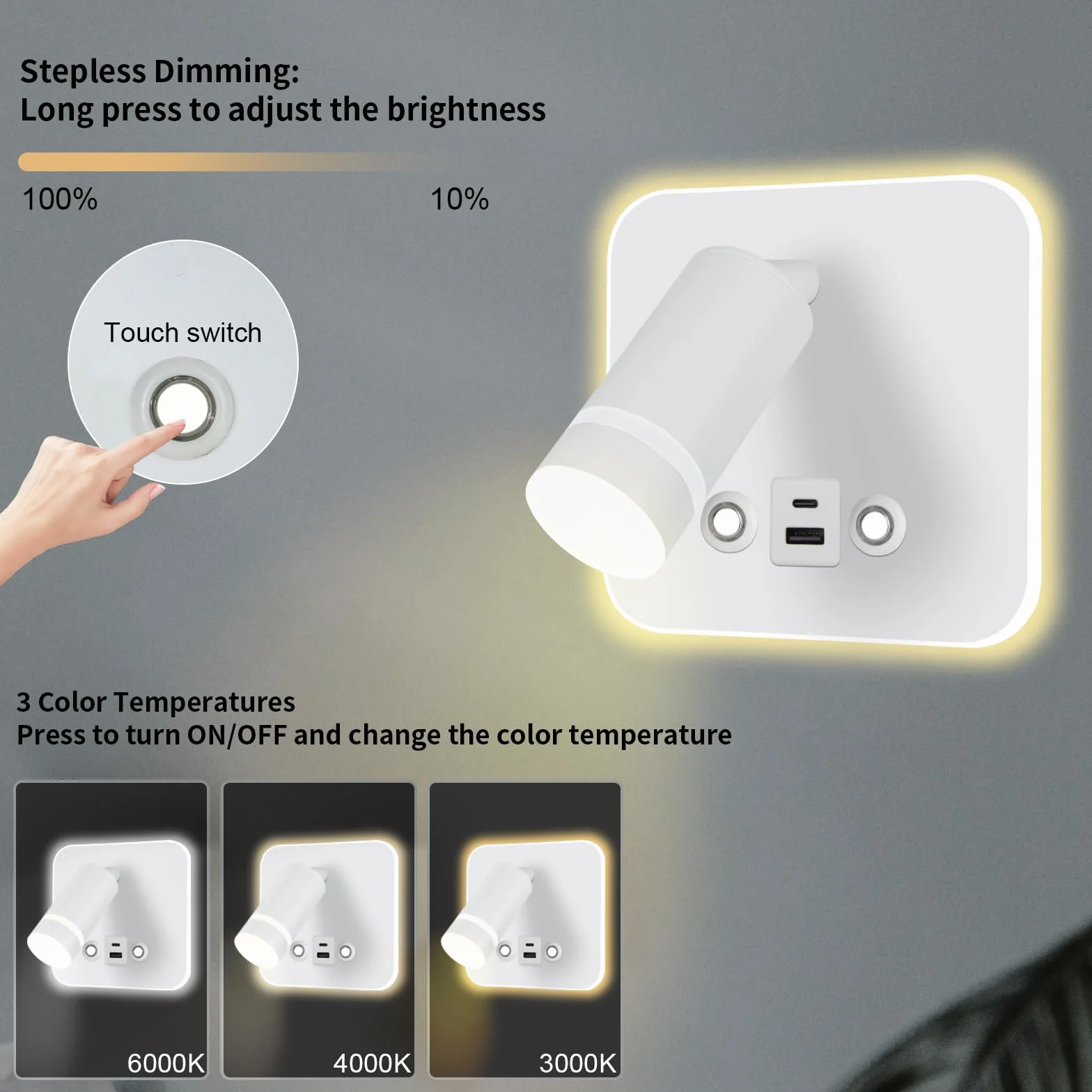 HUIZHOU Lampa do czytania Lampa ścienna LED Sterowanie dotykiem 3-kolorowe temperatury i 12W Port ładowania USB 350° Obrotowe łóżko Światło do czytania Salon i sypialnia (Biały kwadrat)