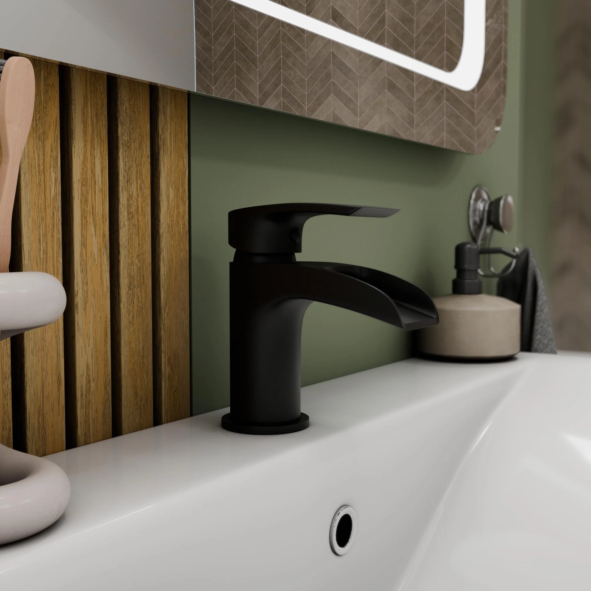 VeeBath Stream Round Waterfall Mono bateria umywalkowa - matowe czarne wykończenie, pojedyncza dźwignia, nowoczesna bateria umywalkowa z odpadami, bateria łazienkowa montowana na blacie, współczesny