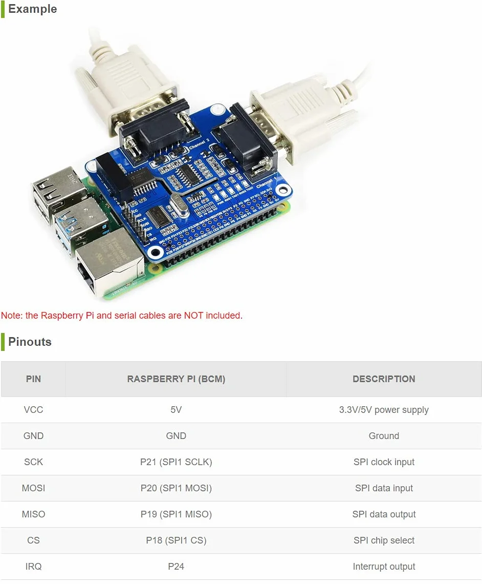 Waveshare 2-Channel Isolated RS232 Expansion HAT for Raspberry Pi SC16IS752+SP3232