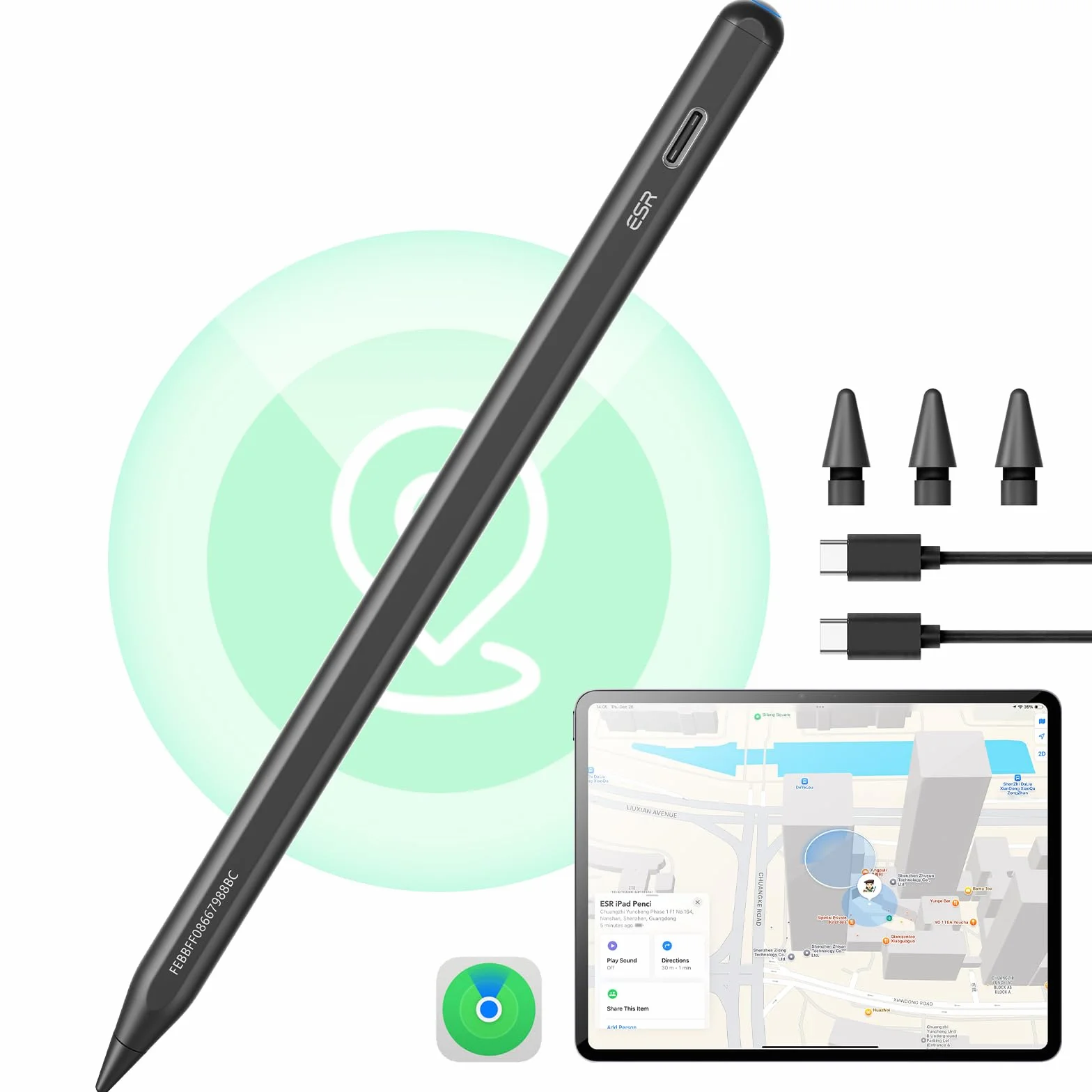 ESR Geo Digital iPad Pencil Findmy kompatybilny z Apple iPad 2018-2025, czarny