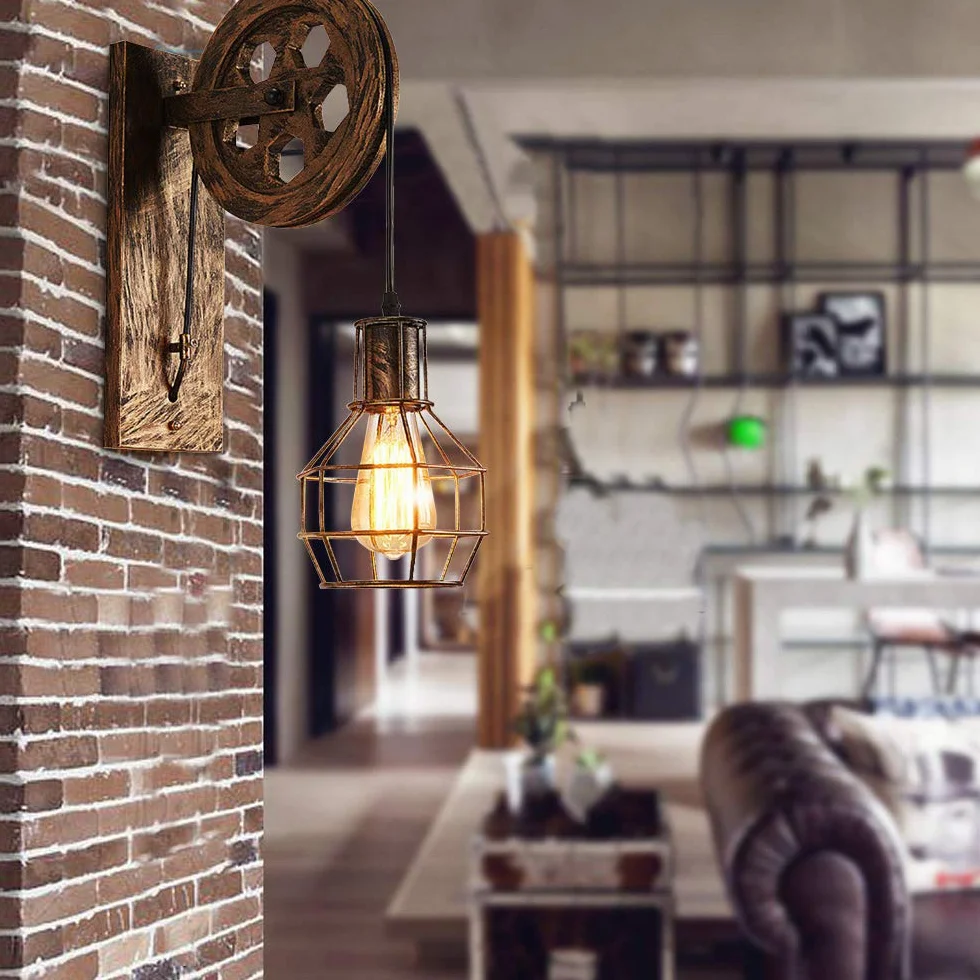iDEGU 2 sztuki przemysłowych lamp ściennych, w stylu vintage, z koła pasowego, lampa retro z metalu i drewna, lampa wisząca do sypialni, salonu, restauracji, kawiarni, baru, korytarza, brązu
