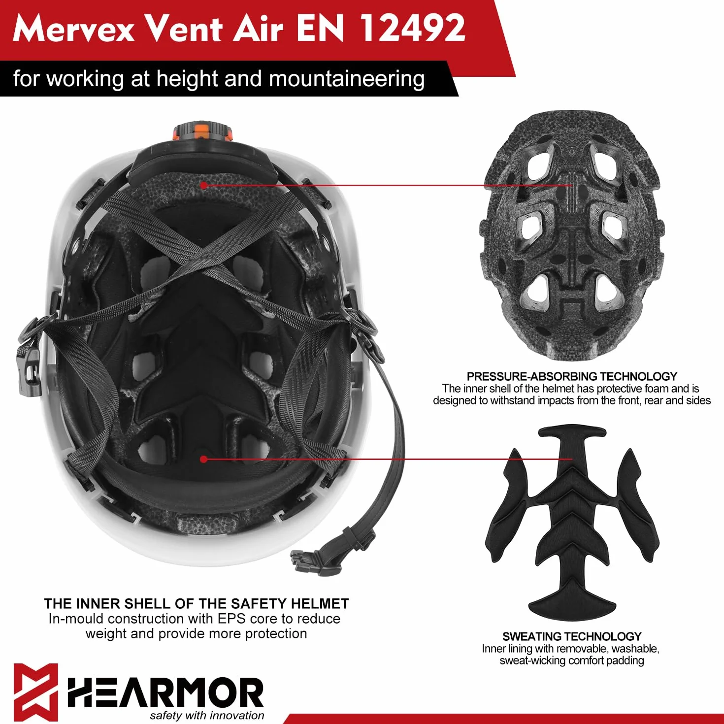 HEARMOR Kask przemysłowy dla dorosłych, kask budowlany LED, w zestawie kask ochronny ABS, certyfikat EN12492, certyfikat EN397, amortyzacja uderzeń i odporność na penetrację