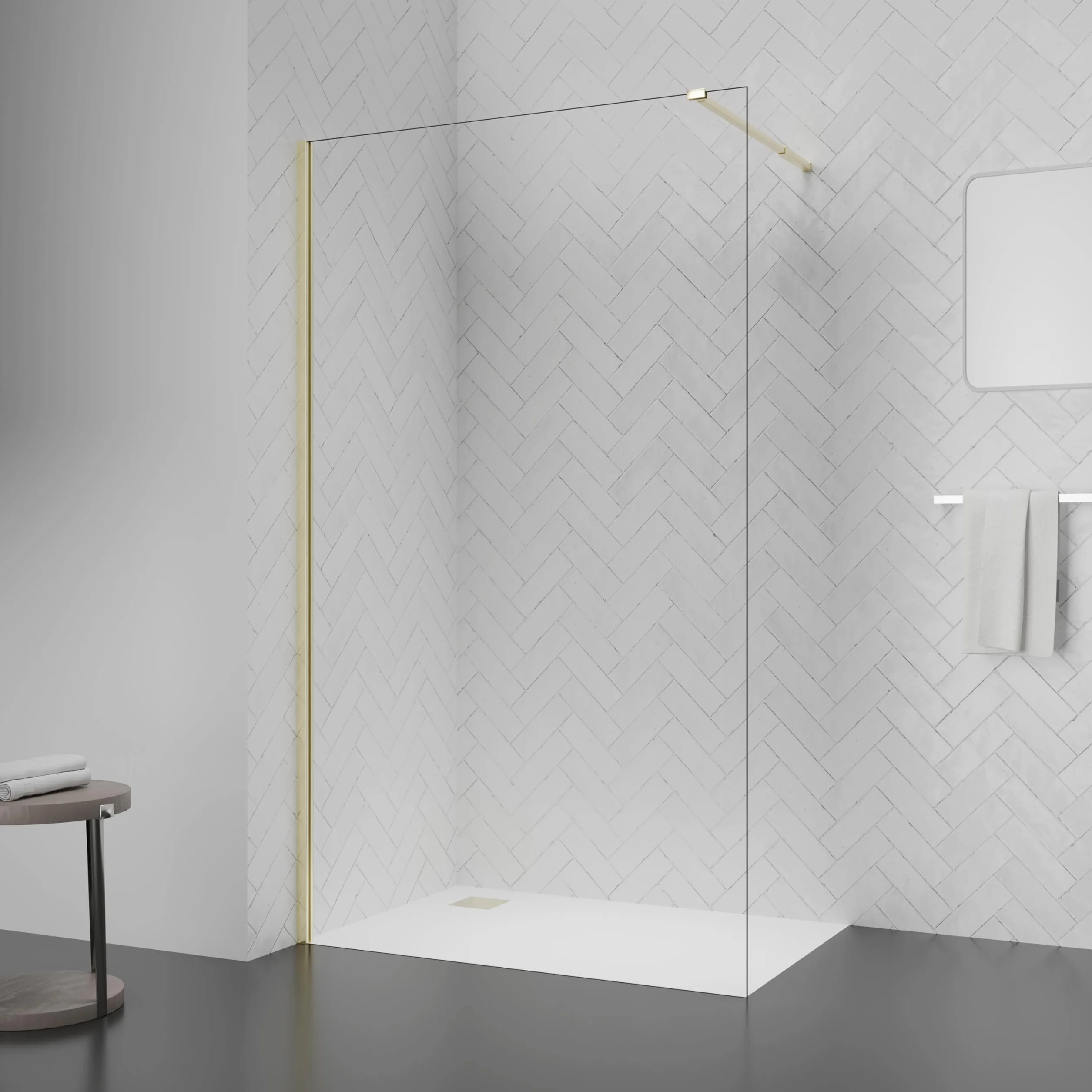 Ścianka prysznicowa Walk-In 120 x 200 cm – 8 mm szkło bezpieczne ESG, złota, dwustronna, rama aluminiowa, uchwyt stabilizacyjny 70-100 cm, łatwy montaż, nowoczesna kabina prysznicowa