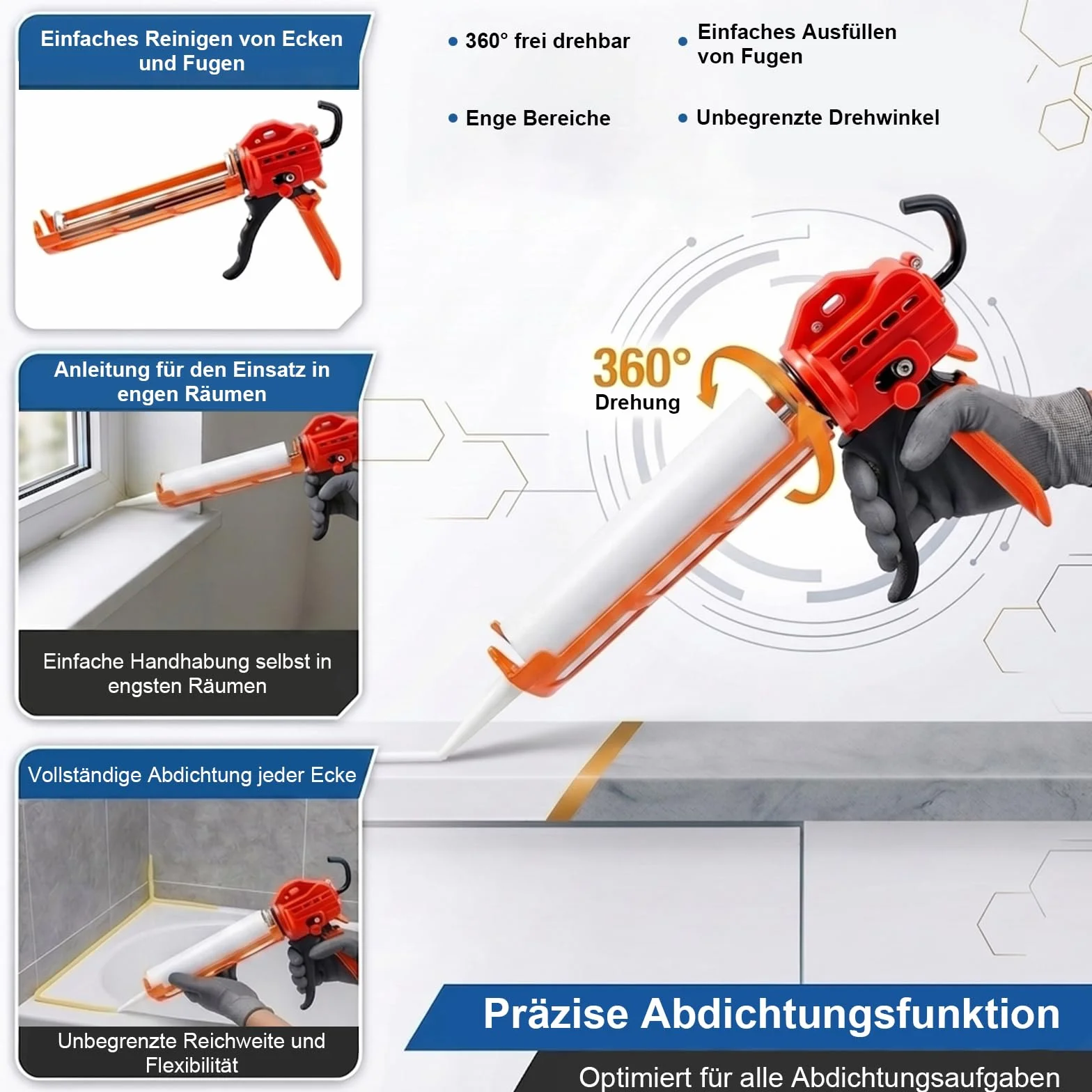 Profesjonalny Pistolet do Silikonu 300ml, 9 Łożysk Kulkowych | Wyciskacz do Kartuszy z Aluminiową Ramą, Przełożenie 15:1, Obrotowy 360°, do Silikonu, Akrylu i Klejów
