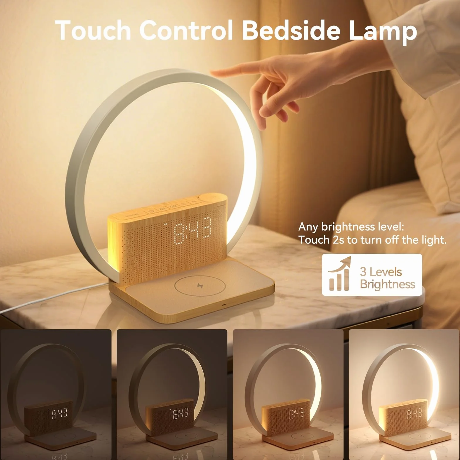 blonbar Budzik świetlny dzienny, lampa nocna z funkcją ładowania, 3-stopniowa dotykowa lampa stołowa z ściemniaczem, budzik świetlny, 10 naturalnych dźwięków do zasypiania, budzik wschodu słońca z