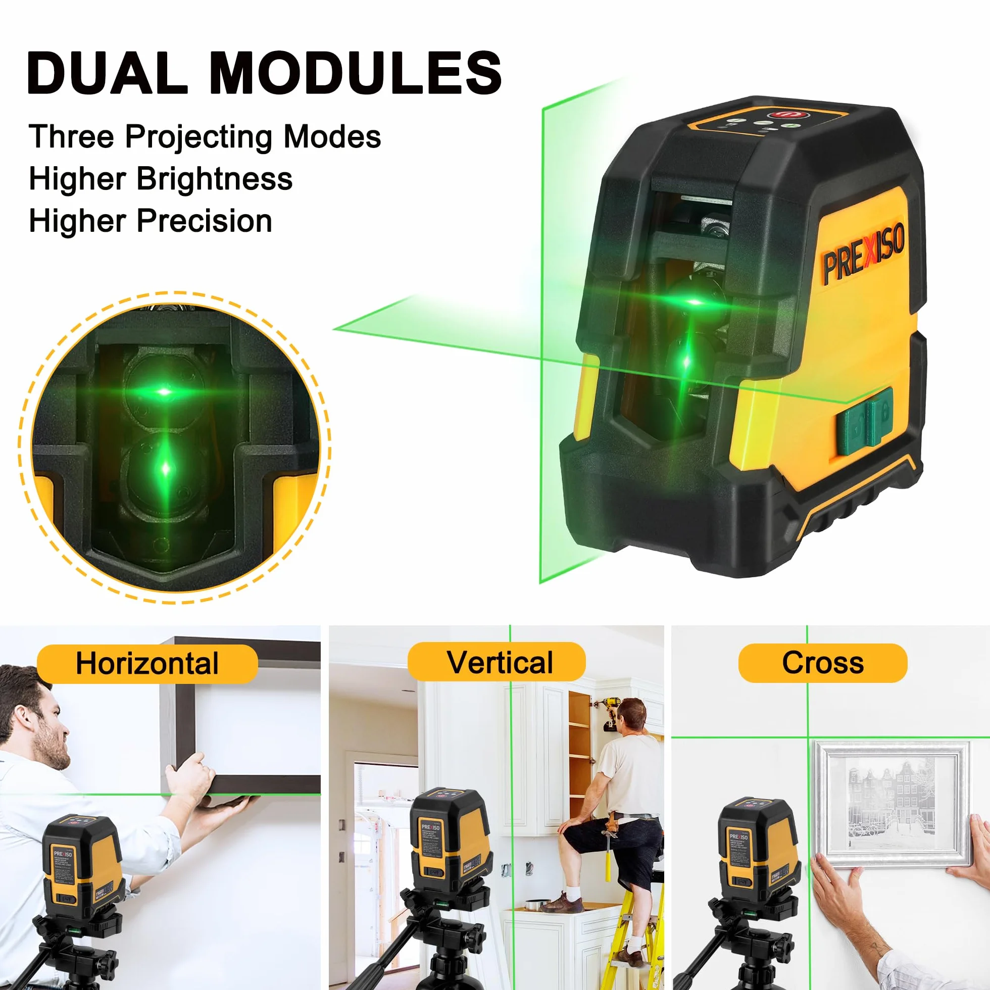 PREXISO Laser Krzyżowy z Statywem Zielony 30 m, Samopoziomujący Laser Liniowy z Podwójnym Modułem Laserowym, z Uchwyt Magnesowy i Statyw, Ładowanie USB, do Budowy i Układania Płytek