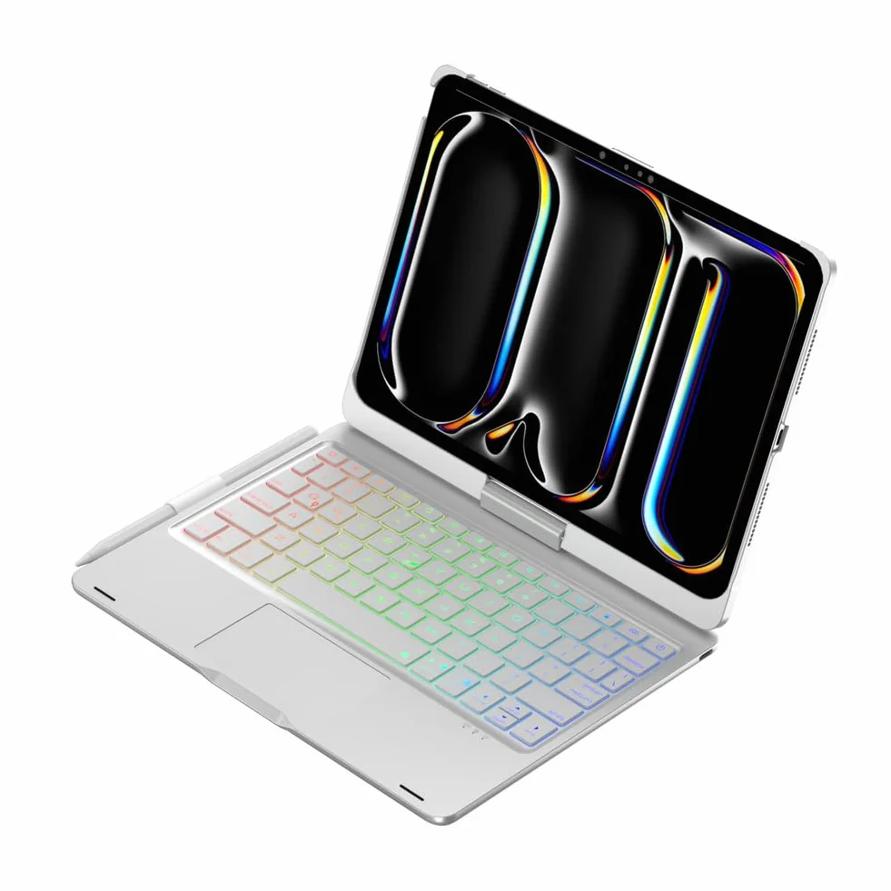 Etui z Klawiaturą do iPad Air 13 (M3 2025 / M2 2024) / Pro 12.9 (6. / 5. / 4. / 3. gen), Obrotowe 360°, Podświetlana Klawiatura 7 Kolorów z Gładzikiem, Silver