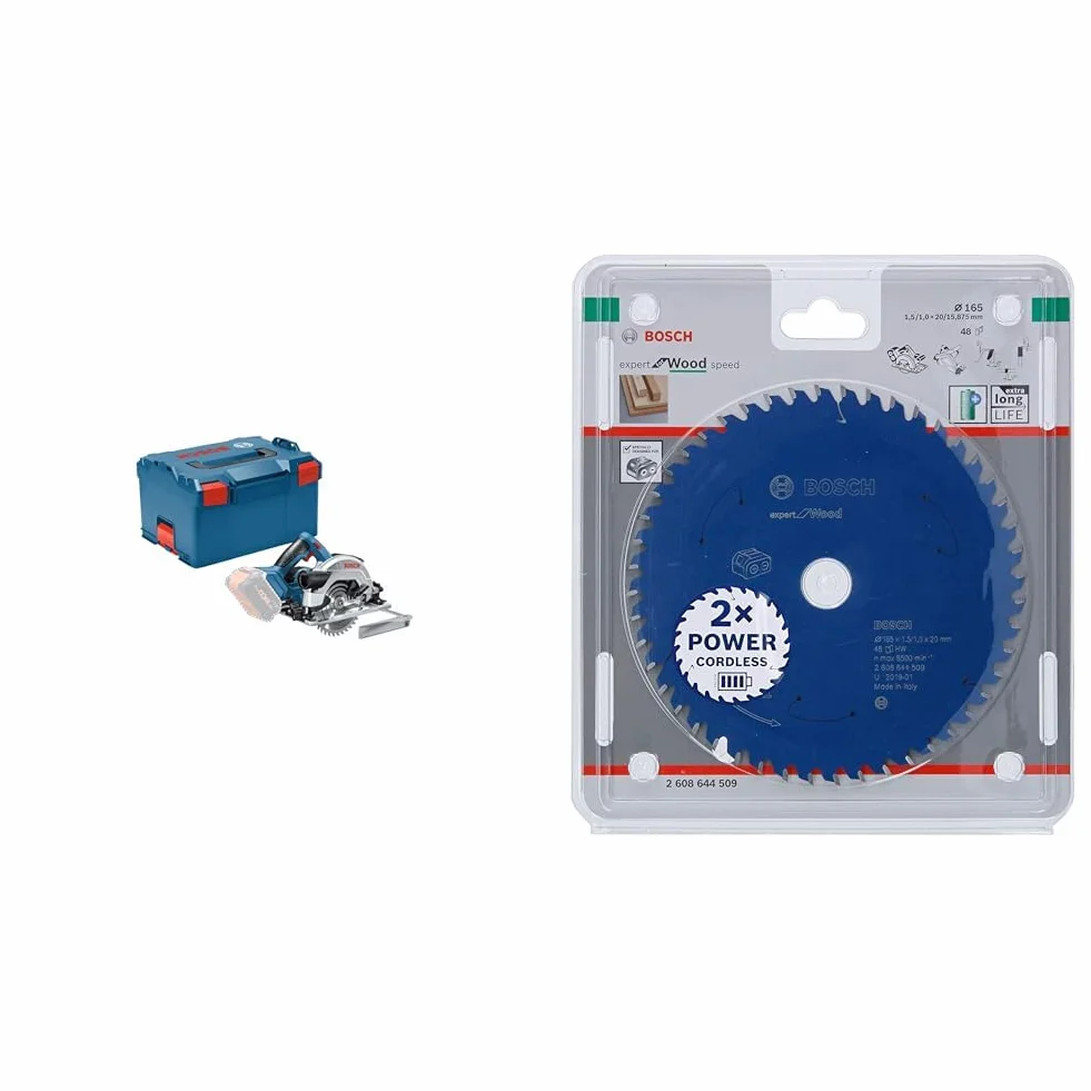 Bosch Professional system 18V: akumulatorowa pilarka tarczowa GKS 18V-57 & Bosch Professional Piła tarczowa Expert for Wood (do drewno, 165 x 20 x 1,5 mm, 48 zęby, akcesoria do piły tarczowej)
