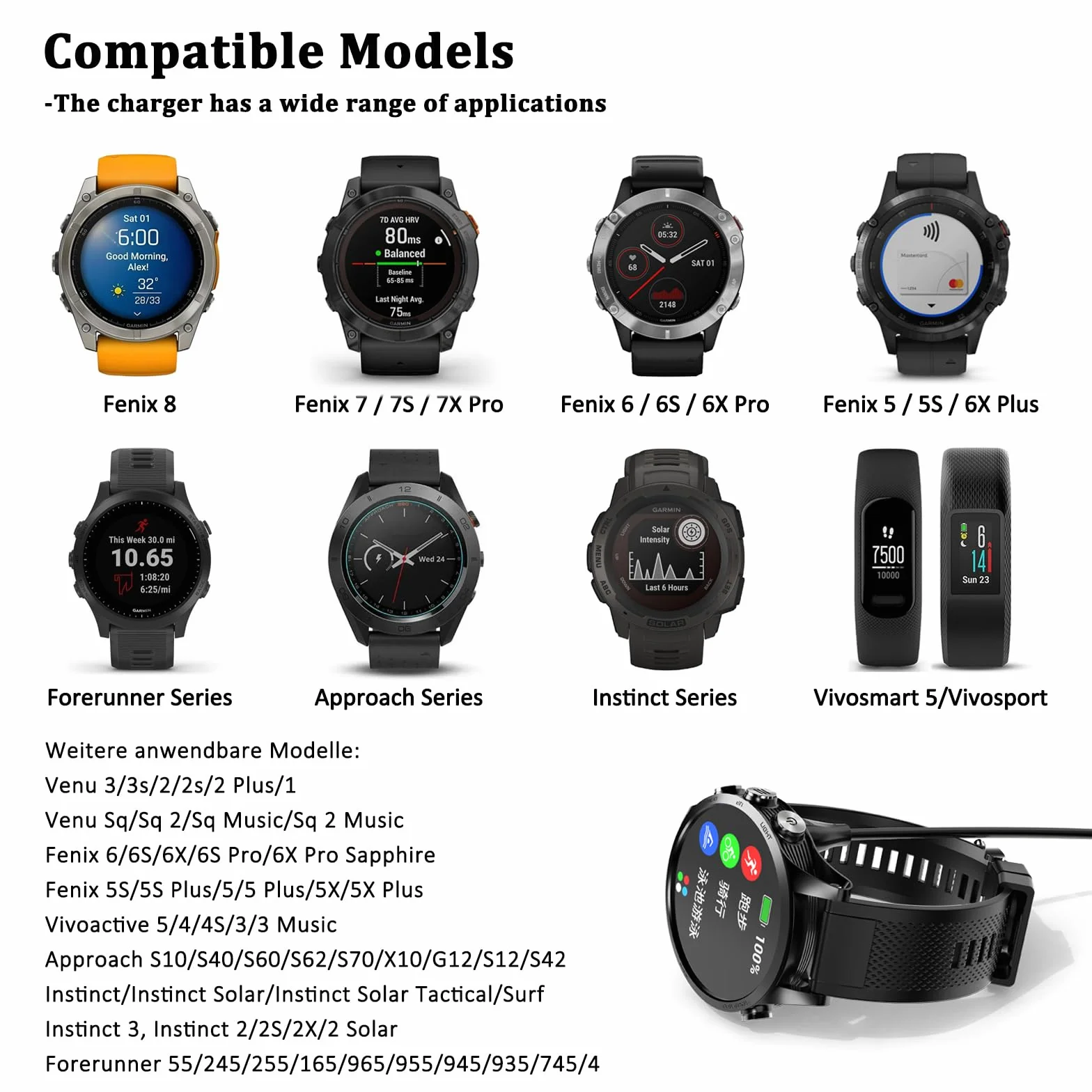 2 Pack kabel do ładowania dla zegarka Garmin, 100cm/3,3ft USB-C i USB-A kątowe ładowarki dla serii Garmin Fenix/Venu/Forerunner/Instinct/Vivoactive/Approach