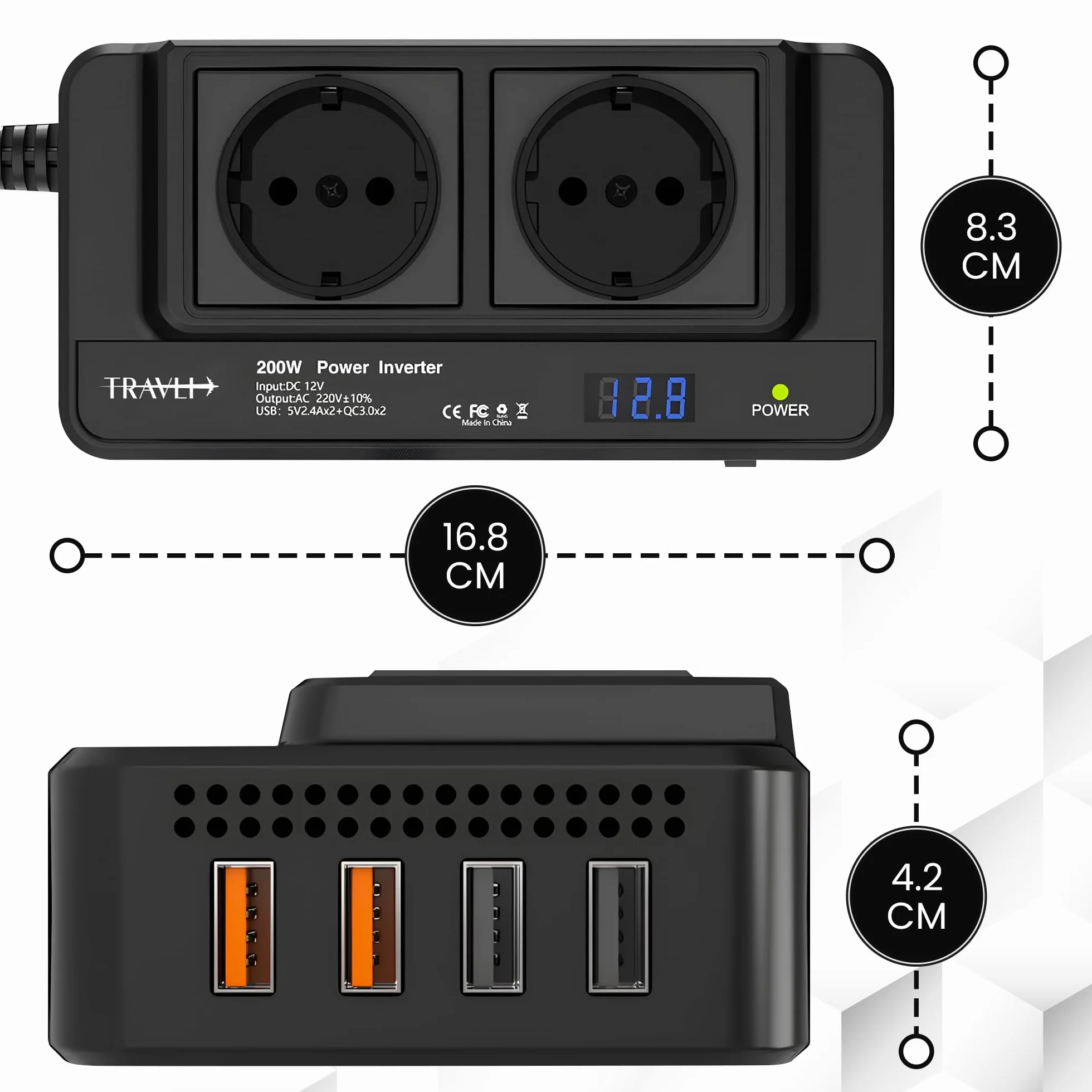 Przetwornica napięcia 12V 230V 2x gniazdo 230V 4x USB 5V
