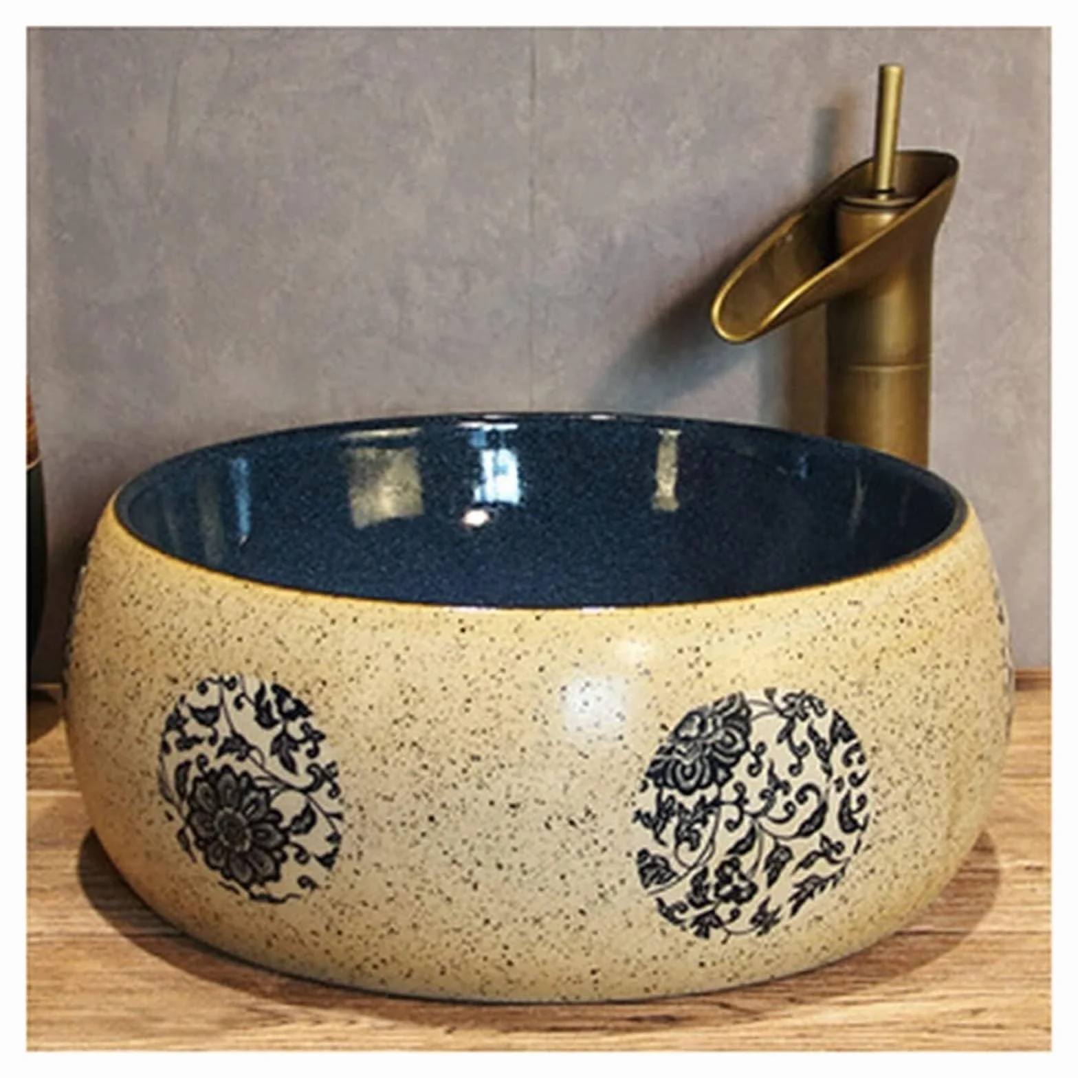 Ceramiczna Umywalka Łazienkowa Nablatowa, Okrągła Umywalka Nablatowa, Styl Retro, 41×15 Cm, Montaż Od Góry