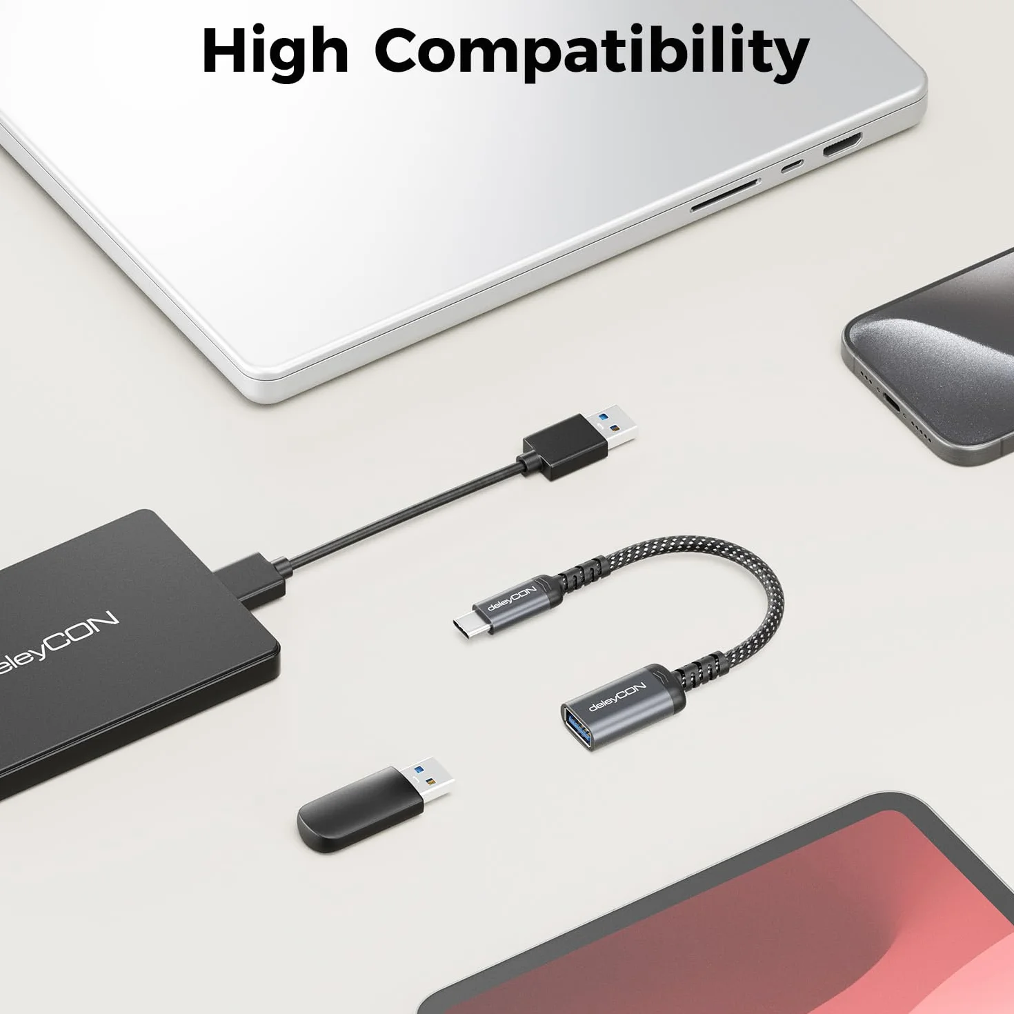 deleyCON 2x Adapter USB-C na USB 10 Gbps OTG - Wtyk Typ-C do Gniazda USB-A, Przewód - do iPhone 17/16/15 Air/Pro/Max, Galaxy S25/S24/S23, A56, A16, Tabletu, MacBooka, iMaca, iPada, Notebooka itp.