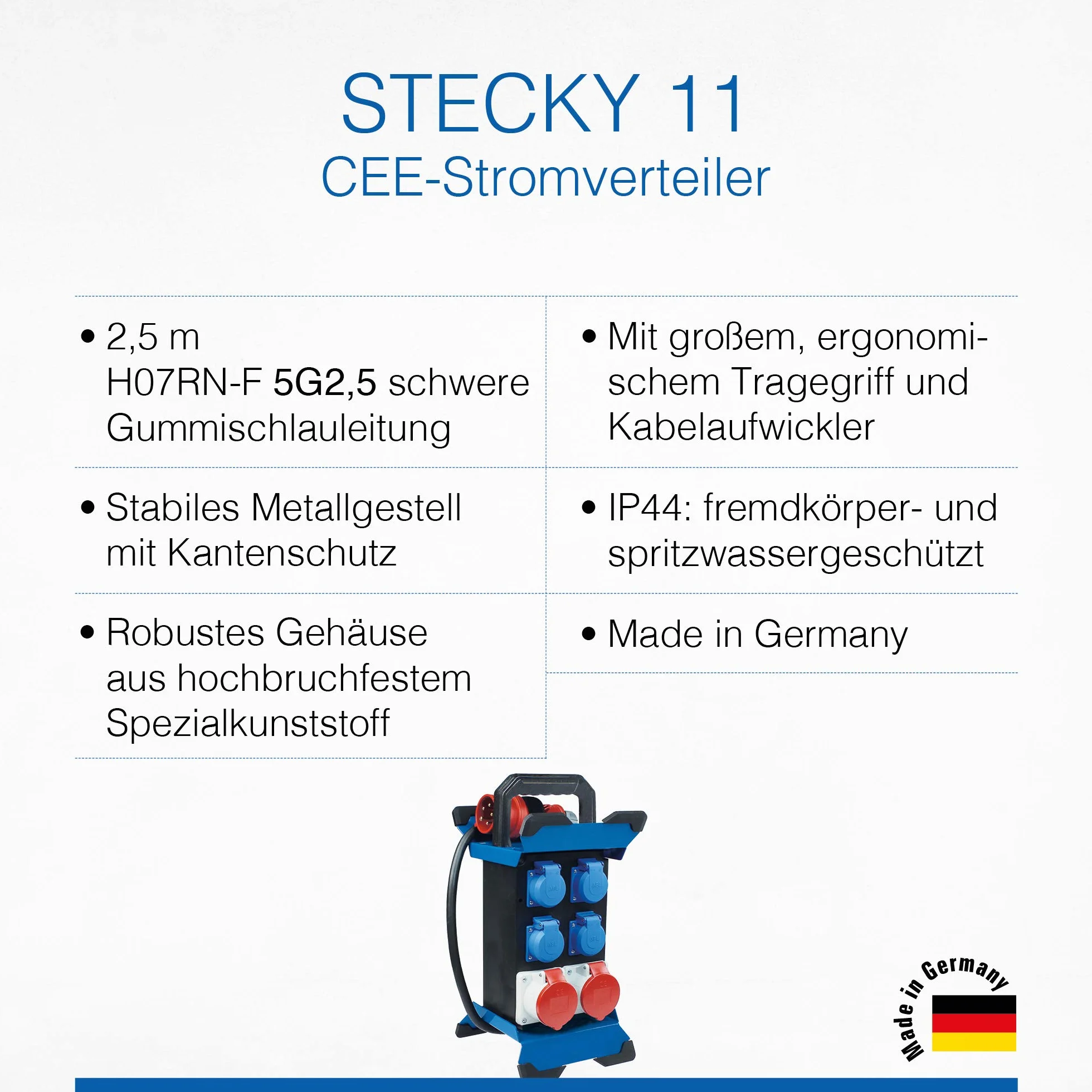 Schwabe STECKY 11 CEE-Stromverteiler 2,5 m Gummischlauchleitung H07RN-F 5G2,5 4 Schuko 230V 16A 2 CEE-Steckdosen 400V 16A IP44 Schwarz