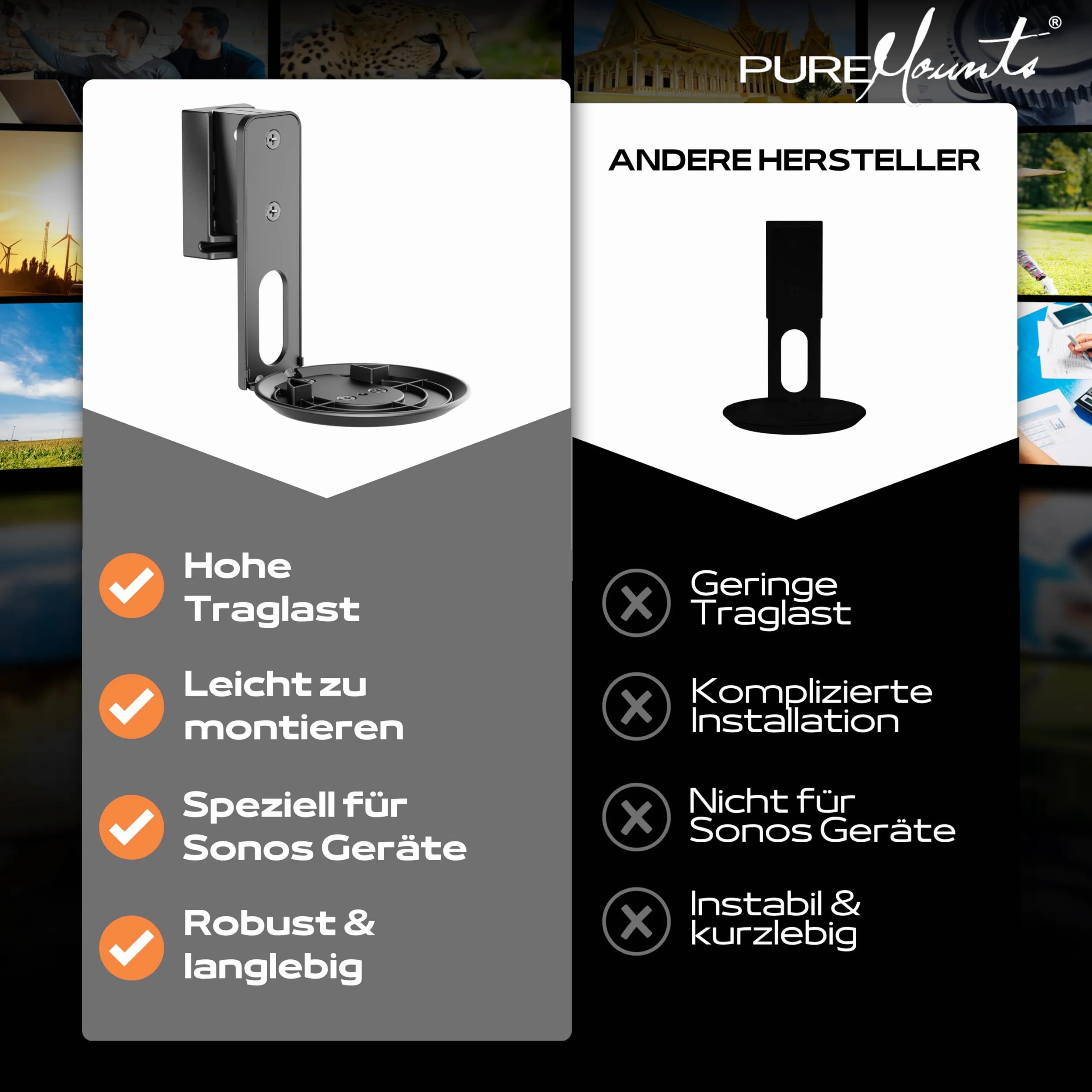 PureMounts Uchwyt ścienny do Sonos Era 100, wychylny +/-45°, nachylenie 0/-18°, 3 kg, czarny