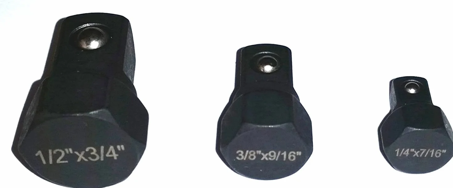 3 szt. kwadratowych nasadek z napędem sześciokątnym, 7/40.6 cm, 9/40.6 cm i 3/10.2 cm z napędami 1/10.2 cm, 3/20.3 cm i 1/5.1 cm