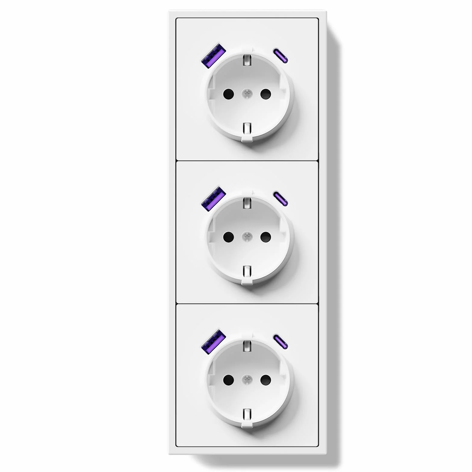 BSEED LIFE Gniazdko wtykowe z zestykiem ochronnym z USB/typ C 20 W, podtynkowe standardowe gniazda wtykowe z ramą PC, 80 x 220 mm, gniazdo inzelowe z pazurami, łatwa instalacja, 3-krotne, białe