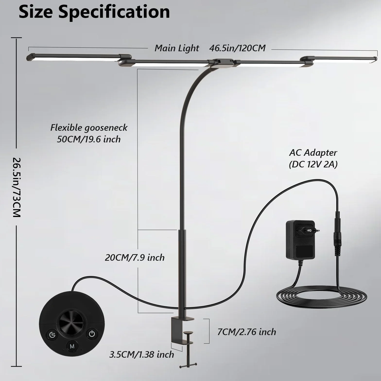 Comely Lampa biurkowa LED z możliwością ściemniania 24 W, 120 cm, 2750 lm, 4 biurka LED z 5 temperaturami światła, lampa biurkowa z 10 ustawieniami jasności, lampa biurkowa z zaciskiem, czarna