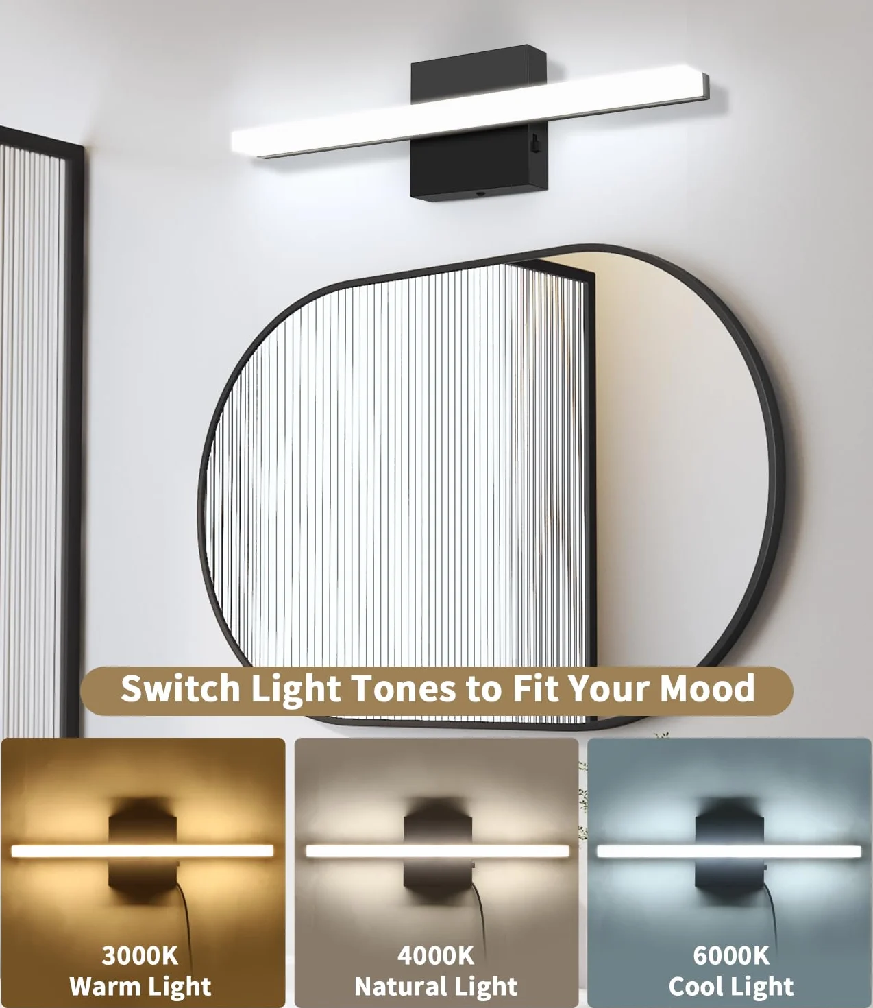 Lampa Lustro do Łazienki 40CM, Oświetlenie LED 3000-6000K z Włącznikiem, Kinkiet LED nad Lustro z Kloszem Akrylowym, Energooszczędna i Trwała, Nowoczesna Lampa Ścienna dla Przytulnej Atmosfery