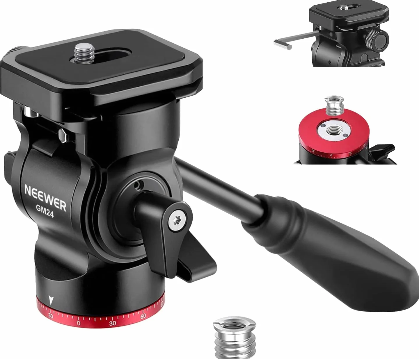 NEEWER Statyw z głowicą fluidową Pan Tilt Head z płytą do szybkiego montażu i uchwytem, metalowa głowica statywu kompatybilna z Arca Swiss do kompaktowych kamer wideo DSLR, obciążenie do 3 kg, GM24
