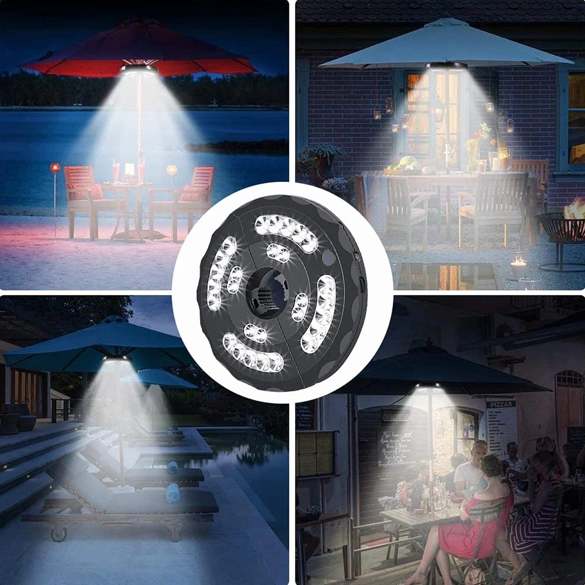 Superight oświetlenie parasola przeciwsłonecznego, 28 diod LED, 3 tryby jasności, 4 baterie AA, na parasol tarasowy, na kemping, do namiotu, na plażę, kolor biały