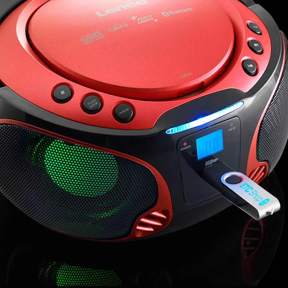 Lenco SCD-550 Boombox imprezowy z oświetleniem dyskotekowym, przenośny stereo, radio FM, CD, Bluetooth, USB, czerwony