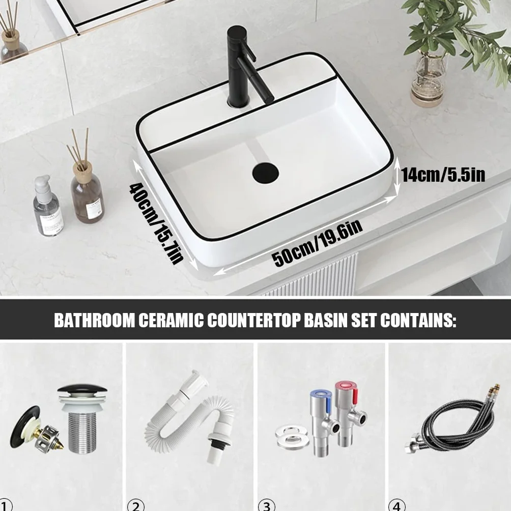20" umywalka łazienkowa nad blatem, umywalka porcelanowa z czarną krawędzią, sztuka dekoracyjna, umywalka z kranem i odpływem pop-up