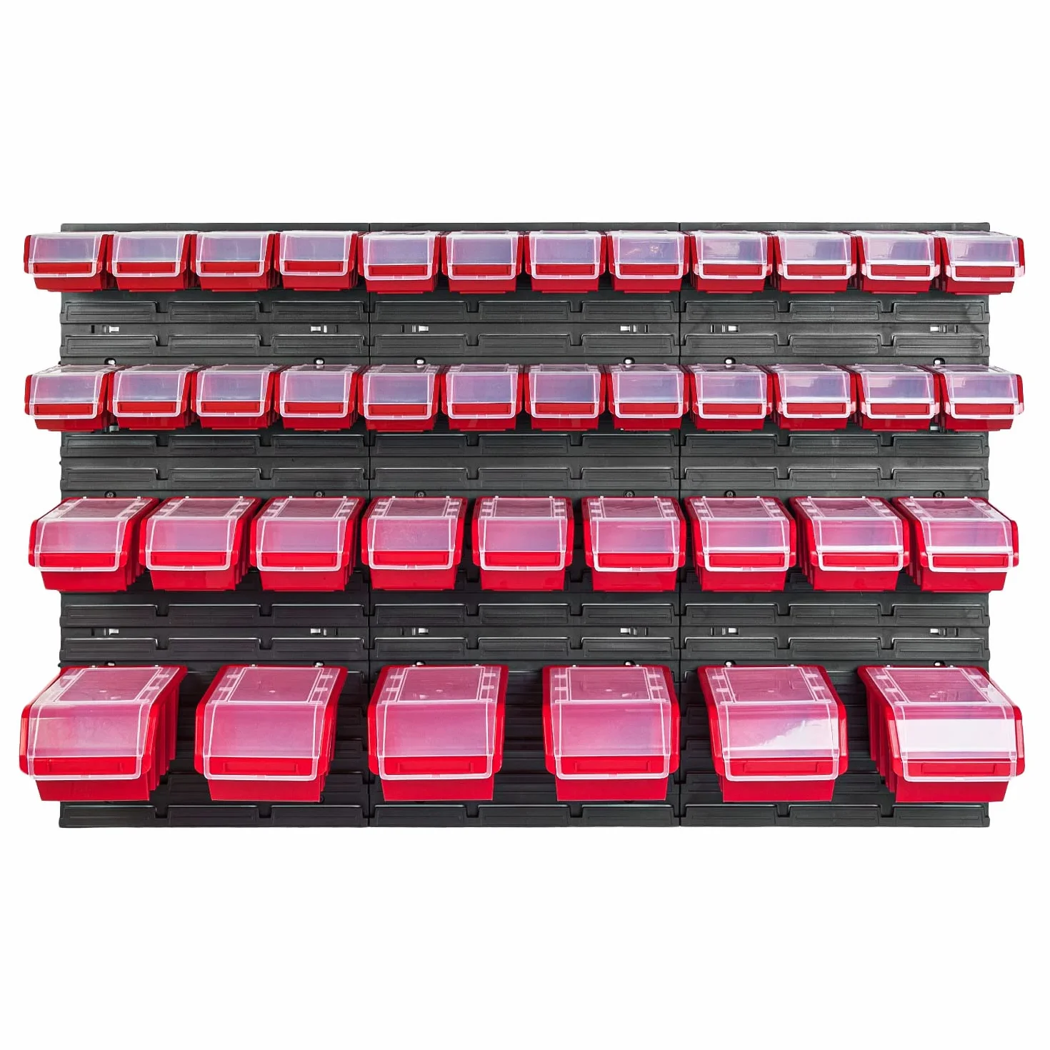Pudełko do układania regał ścienny – 1158 x 780 mm – system przechowywania 39 sztuk pudełek z pokrywką – regał magazynowy pojemniki magazynowe regał do sypania, czerwony