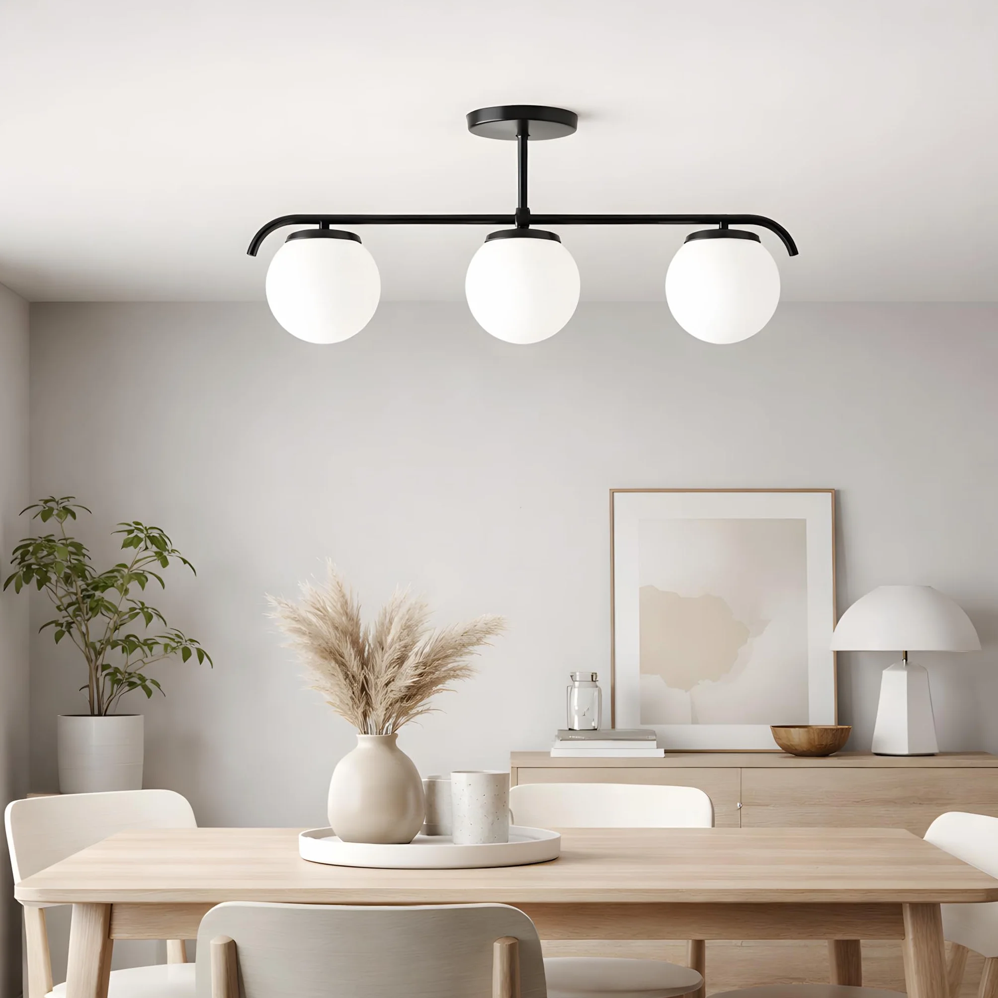 B·LED BARCELONA LED Potrójna lampa sufitowa, Talí” 3 opalowymi kulami szklanymi, 3xE27, minimalistyczny, nowoczesny styl, rozproszone oświetlenie do salonu, jadalni lub sypialni, metal kolorze łotym