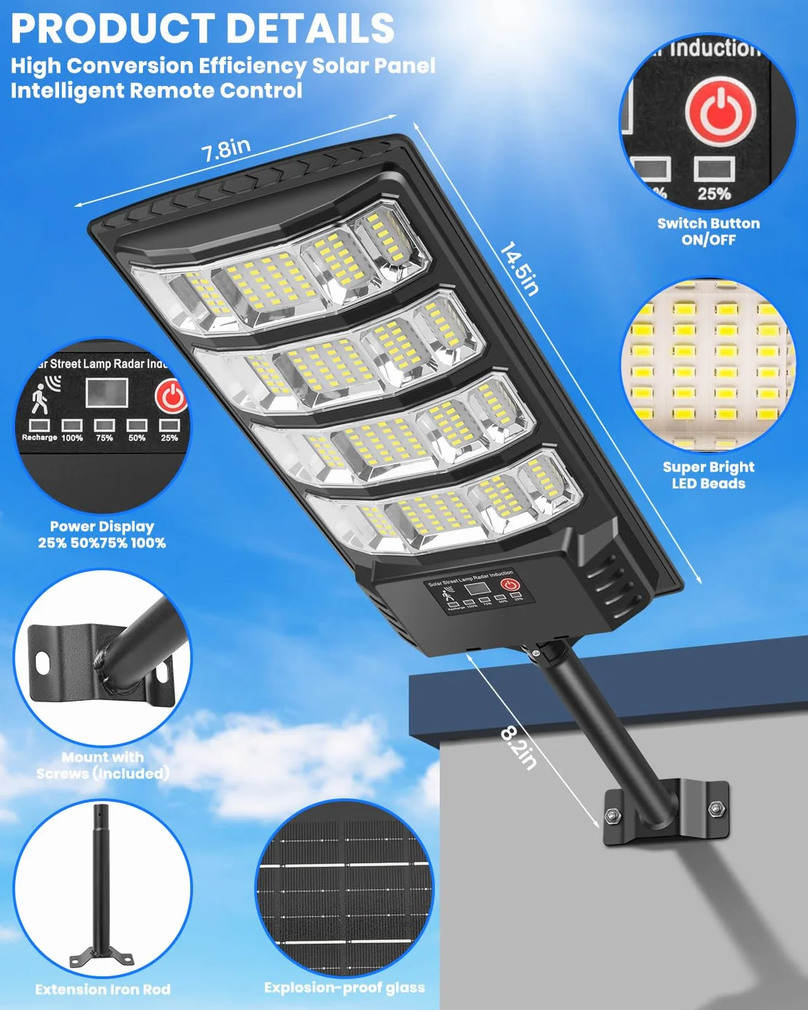 LEKIA Lampy solarne do użytku na zewnątrz, wodoszczelne, 6500 K, zmierzchu, lampa uliczna, czujnik ruchu z pilotem zdalnego sterowania, szeroki kąt 320°, lampa bezpieczeństwa LED, lampa solarna do