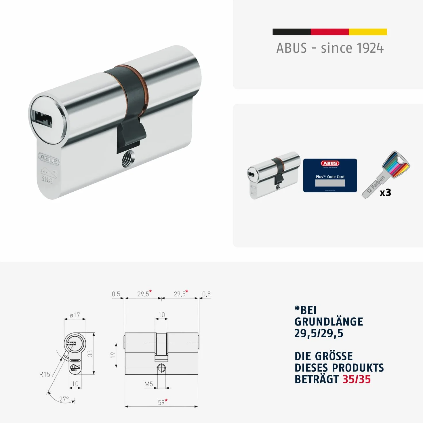 ABUS Cylinder profilowy XP20SN 35/35 z kartą bezpieczeństwa i 3 kluczami, 73727