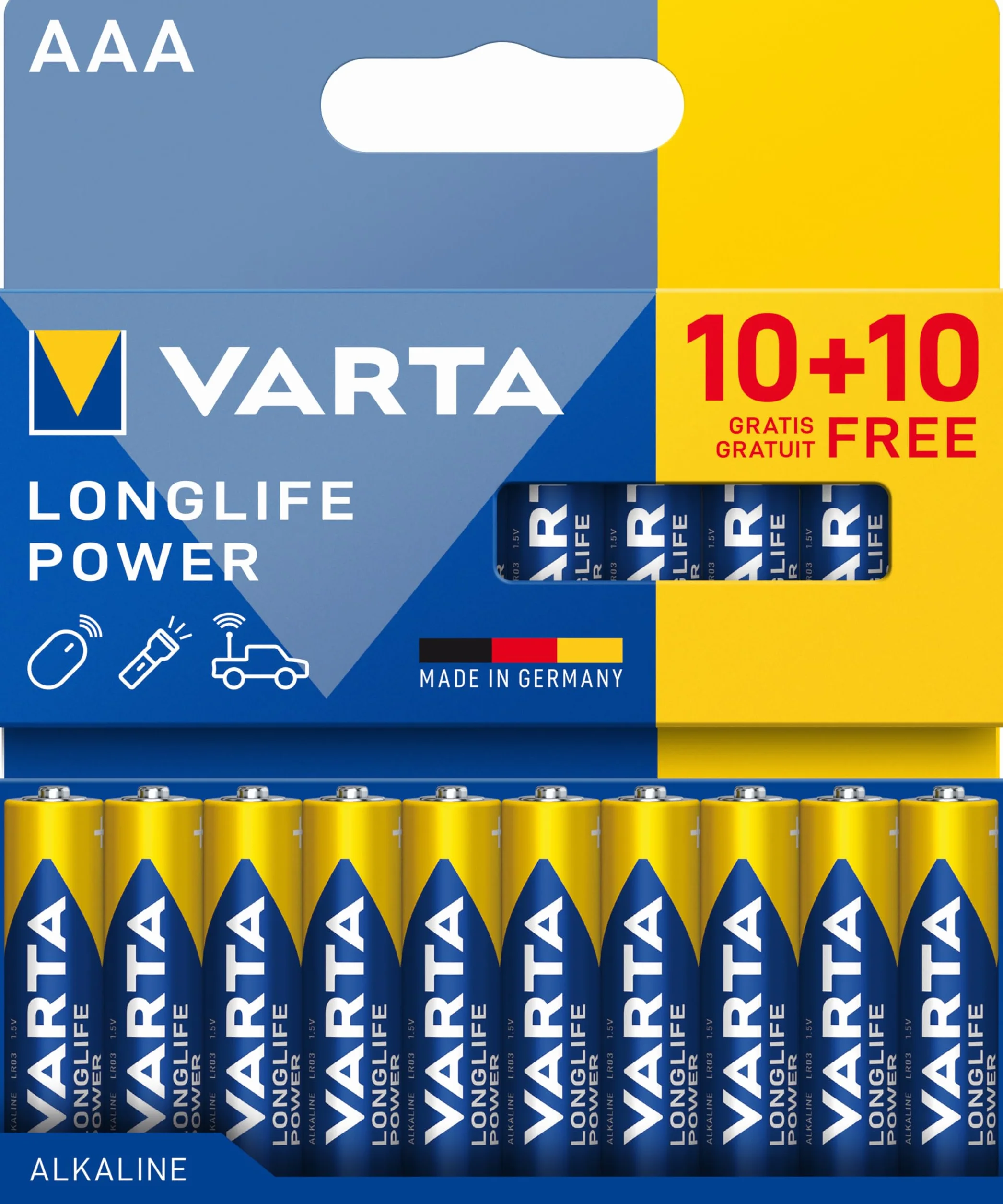 VARTA Longlife Power, bateria alkaliczna, AAA, Micro, LR03, 1,5 V, opakowanie 10+10 szt., Made in Germany
