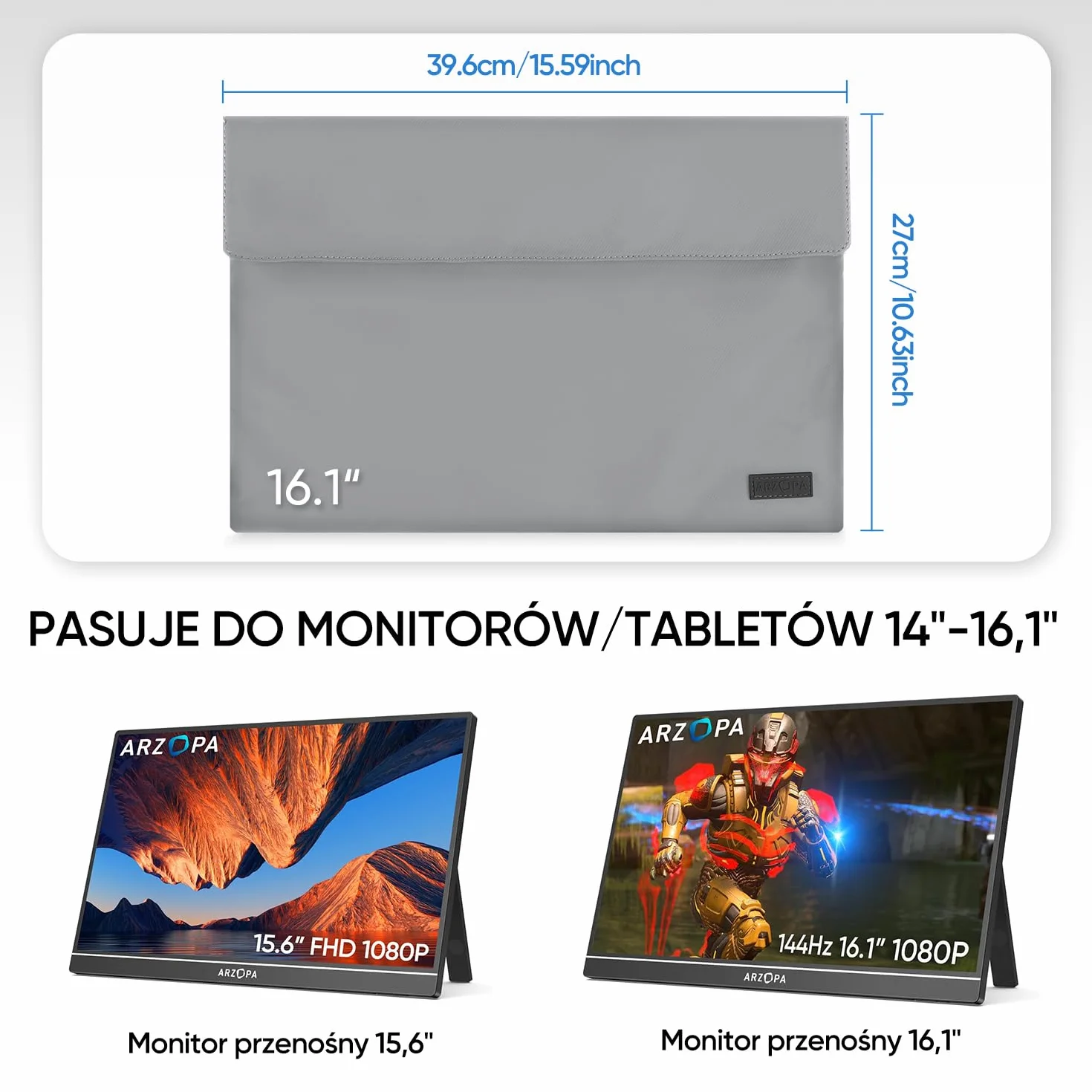 ARZOPA Przenośna torba na monitor 16,1" skóra PU wodoodporny szara