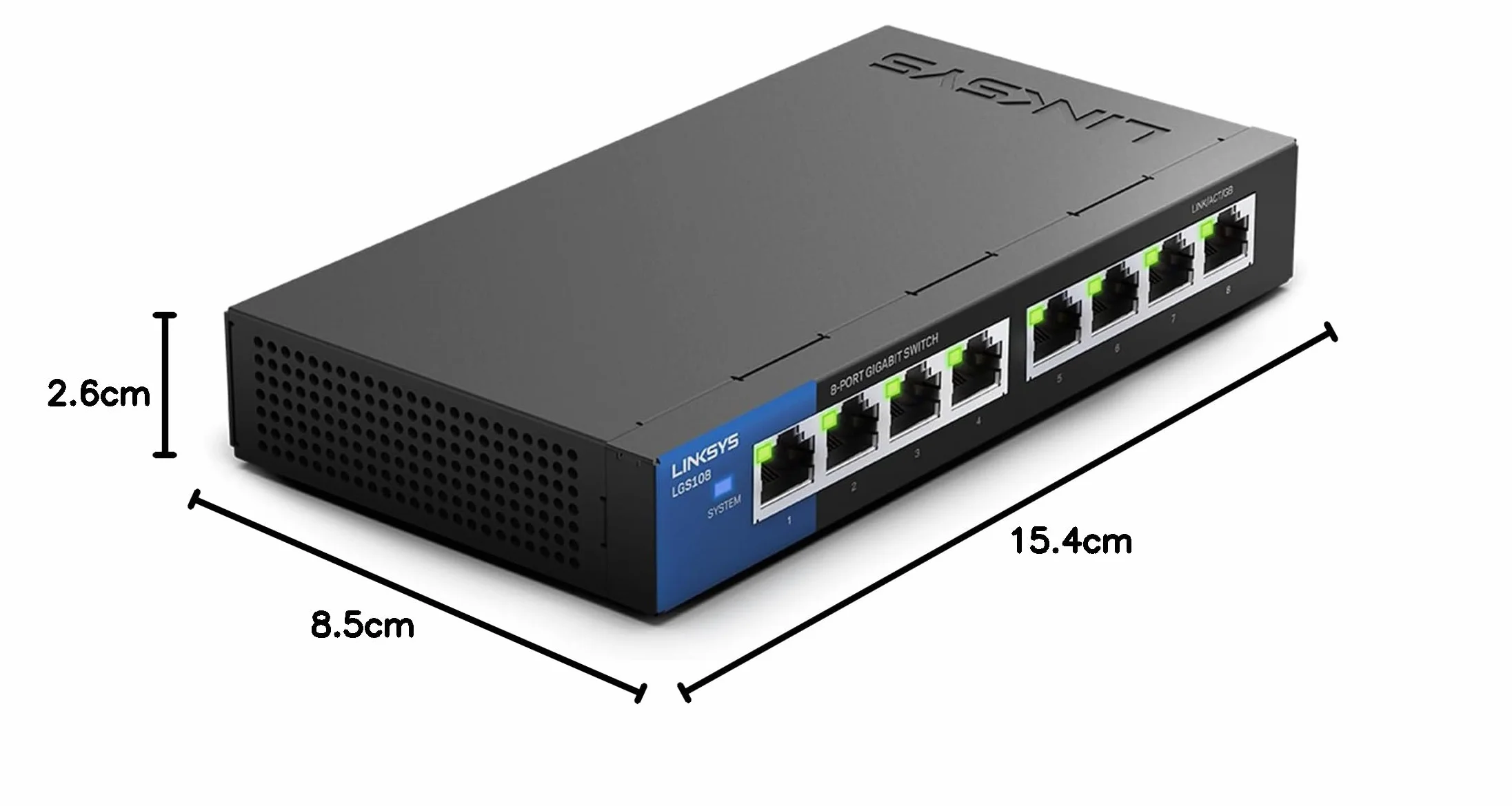 Linksys LGS108-EU 8-portowy Przełącznik Sieciowy Gigabit (bez wentylatora, funkcja Auto Sensing, funkcja oszczędzania energii), Czarny