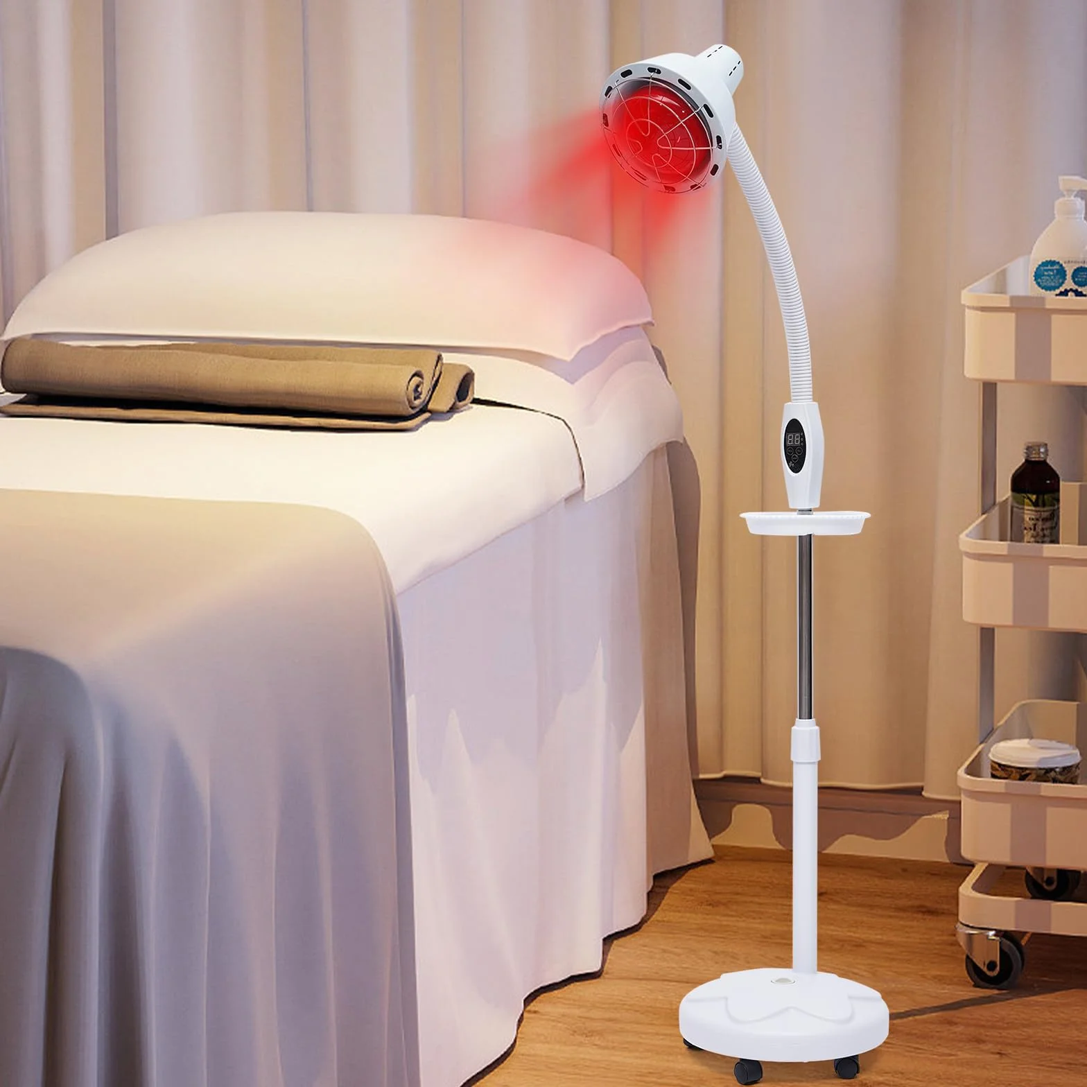 Terapia cieplna na podczerwień, czerwone światło, stojak podłogowy, lampa grzewcza z pilotem zdalnego sterowania, regulowane kółka 360°, 275 W