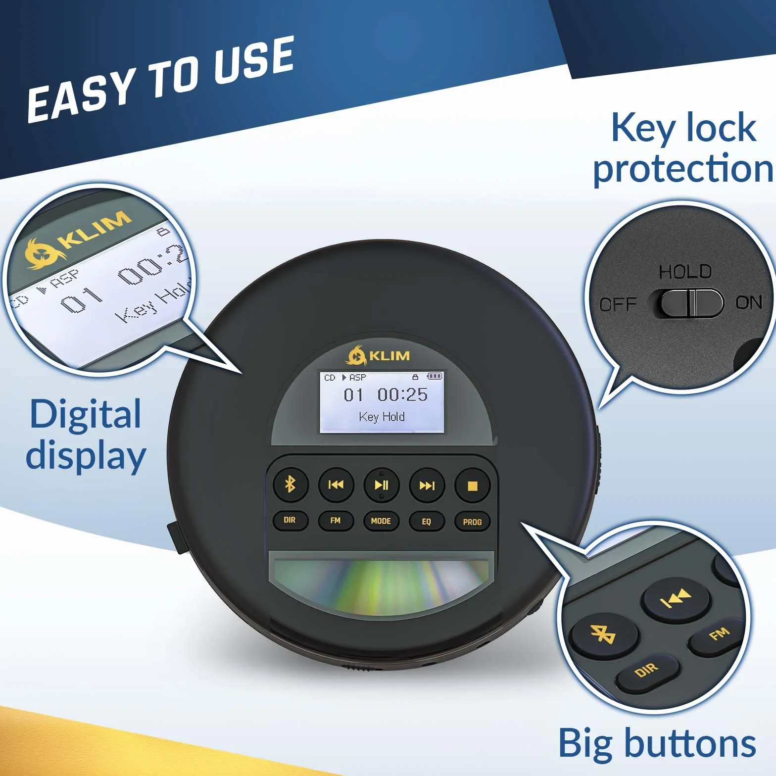 KLIM Nomad Przenośny odtwarzacz CD z Bluetooth, radio FM, MP3, słuchawki, złoty