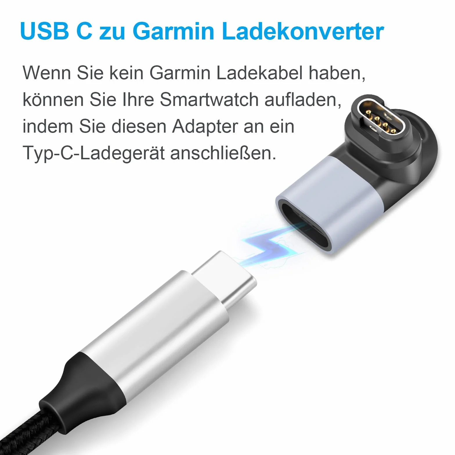 ELUTENG Ładowarka do Garmin z 2 adapterami USB C 90 stopni, kompatybilna z Garmin Fenix 8 E 7 7S 7X 6 6S 6X Pro 5 5S 5X Plus, Epix, Approach x10/S60/S62, Vivoactive, Vivomove, Venu, Forerunner