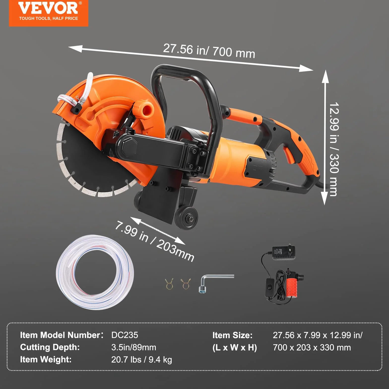 VEVOR Elektryczna piła do betonu, 230 mm, wysokowydajna piła tarczowa 2000 W, głębokość cięcia 89 mm, piła tarczowa na mokro/sucho z rurą wodną, pompą wodną, brzeszczotem, do kamienia i cegły