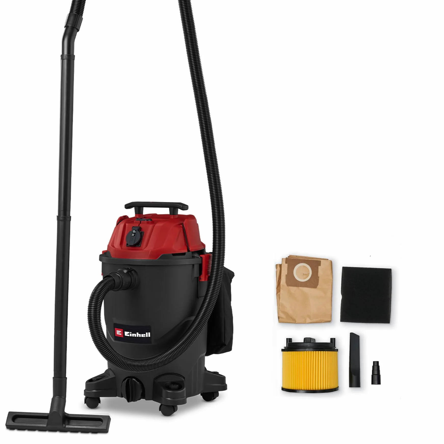 Einhell TC-VC 3055 A odkurzacz na sucho i na mokro (850 W, zasysanie 190 mbar, automatyczne gniazdko, zbiornik 30 litrów, uchwyt do przenoszenia, dysze, filtry i worek na brud)