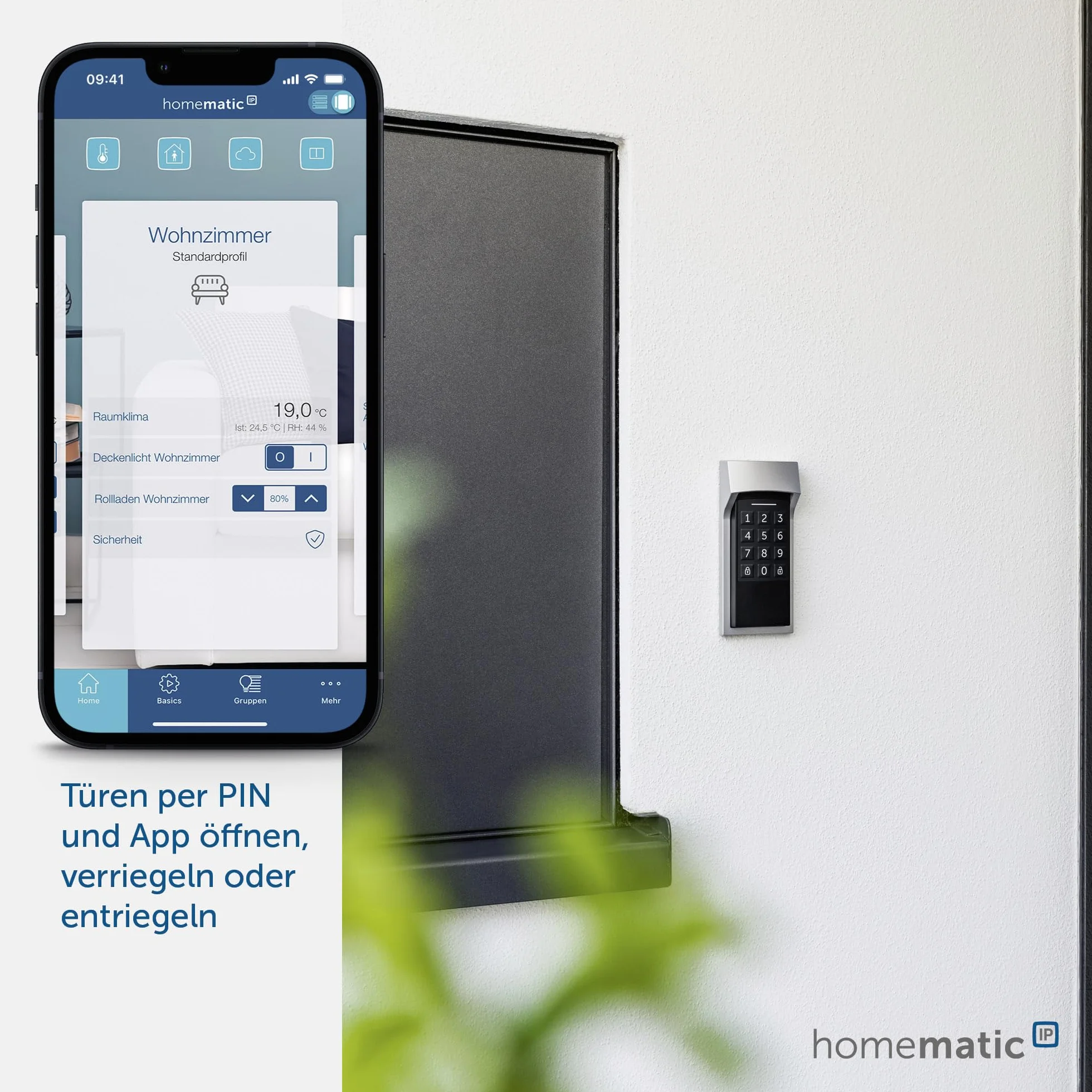 Homematic IP Smart Home Keypad, zamek szyfrowy do drzwi wejściowych z funkcją aplikacji, otwieranie i zamykanie za pomocą kodu numerycznego, rozszerzenie do napędu zamka drzwi Homematic IP 156424A0