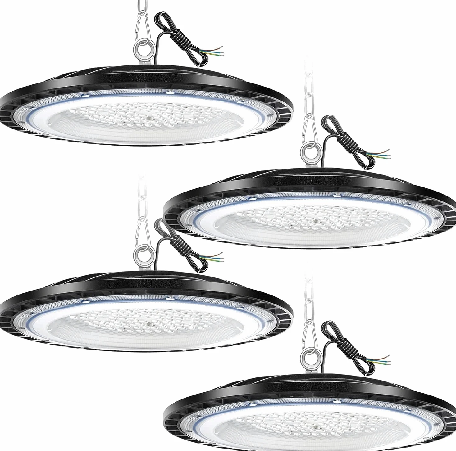 150 W UFO LED High Bay Light, oświetlenie sklepowe LED z 1 metrowym łańcuchem, 15000 lm 6500 K, oświetlenie wewnętrzne LED, wodoodporne oświetlenie komercyjny IP65 do magazynu, garażu (opakowanie 4