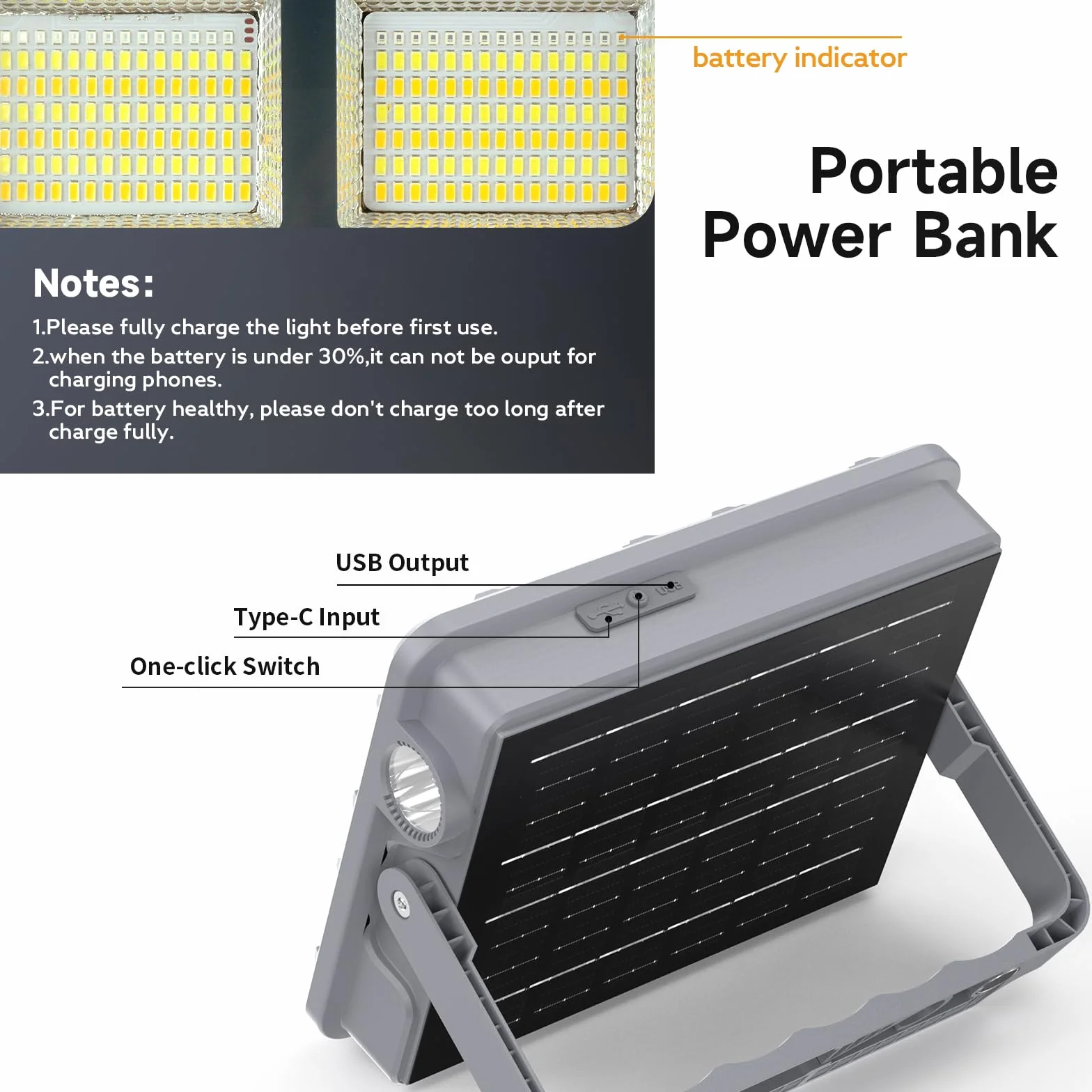 Reflektor budowlany LED 100 W, akumulator 12000 mAh, przenośna lampa robocza LED, 5 trybów pracy solarnej, lampa kempingowa LED do ponownego ładowania przez USB, do użytku na zewnątrz, do ogrodu,
