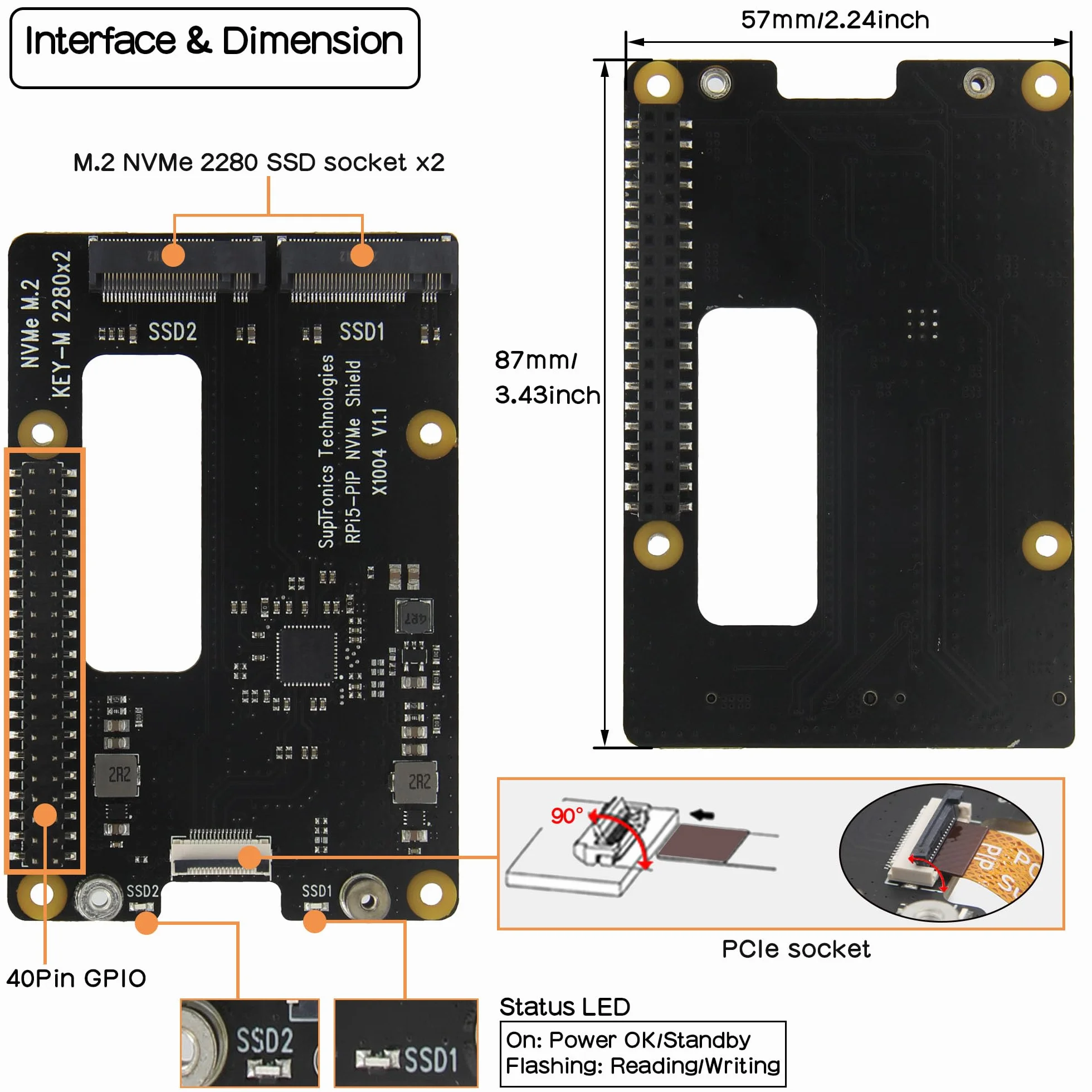 Geekworm X1004 Dual M.2 NVMe SSD Shield PCIe peryferal Board for Raspberry Pi 5
