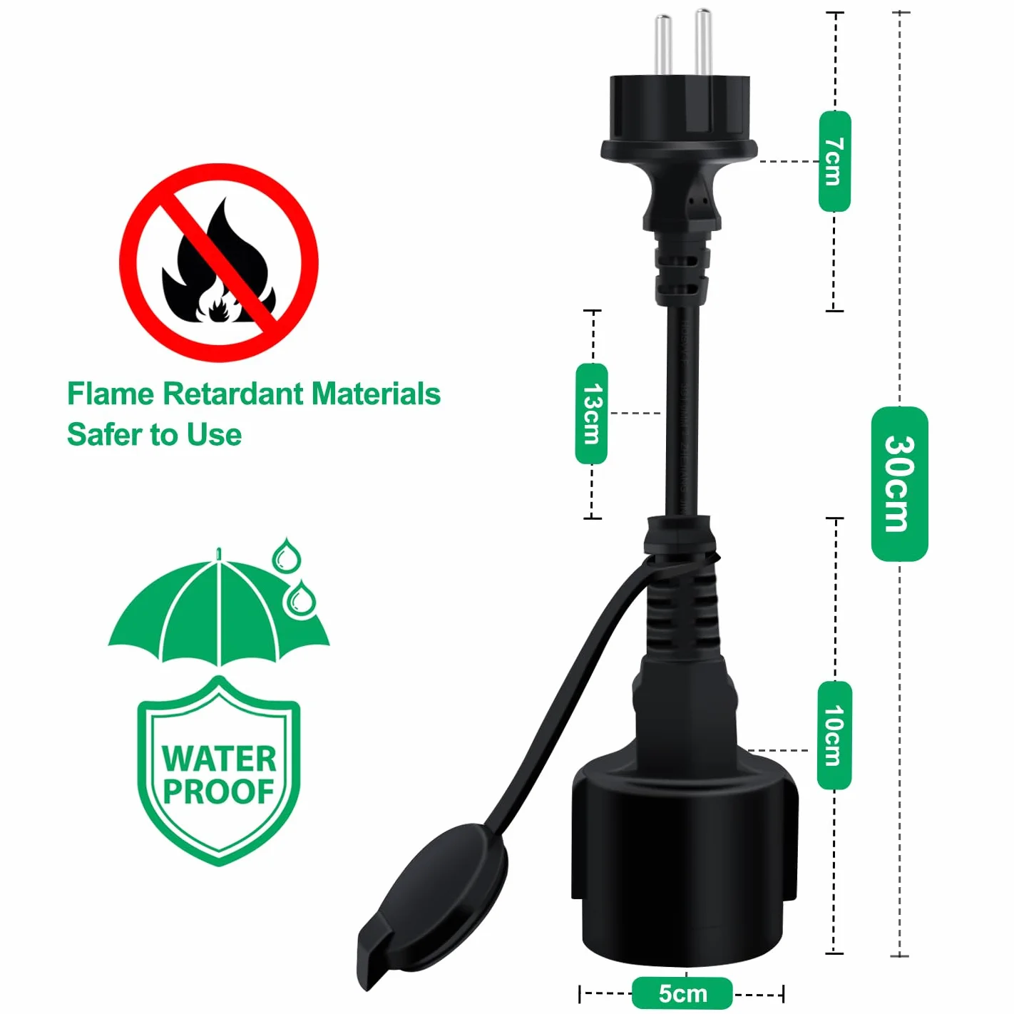 Schuko Przedłużacz Krótki biały 16A 250V Przedłużacz Schuko Krótki ochronny kabel kontaktowy, kabel IP44 do zewnątrz lub wewnątrz, dom, biuro (czarny, 0.3 m)