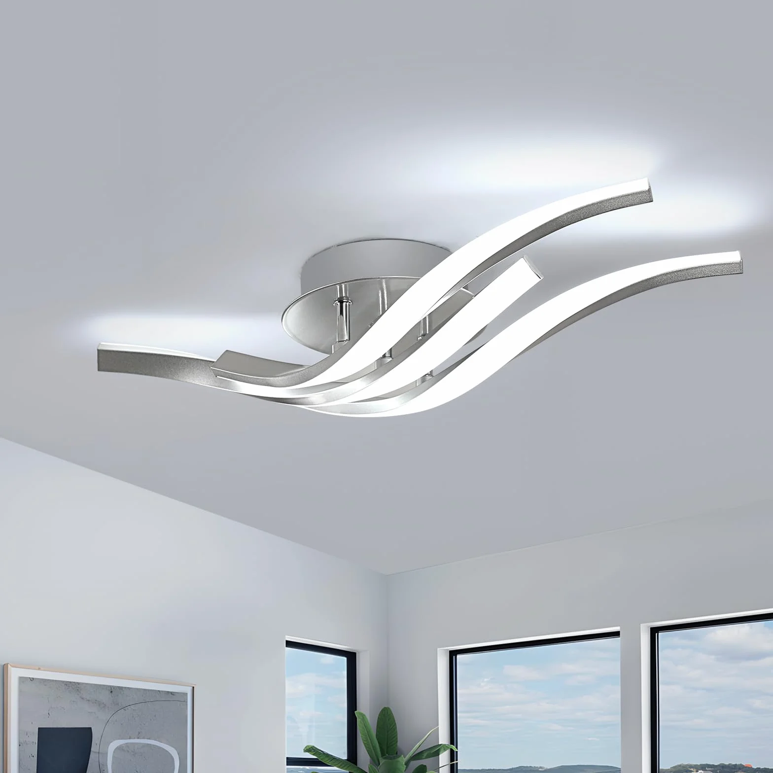 Dorlink Nowoczesna lampa sufitowa LED, 6500K zimna biel żyrandole kuchenne, 24 W 1920 lm żyrandol LED do sypialni, 4 lampy sufitowe zakrzywione fale, żyrandol do salonu, Ø52 cm