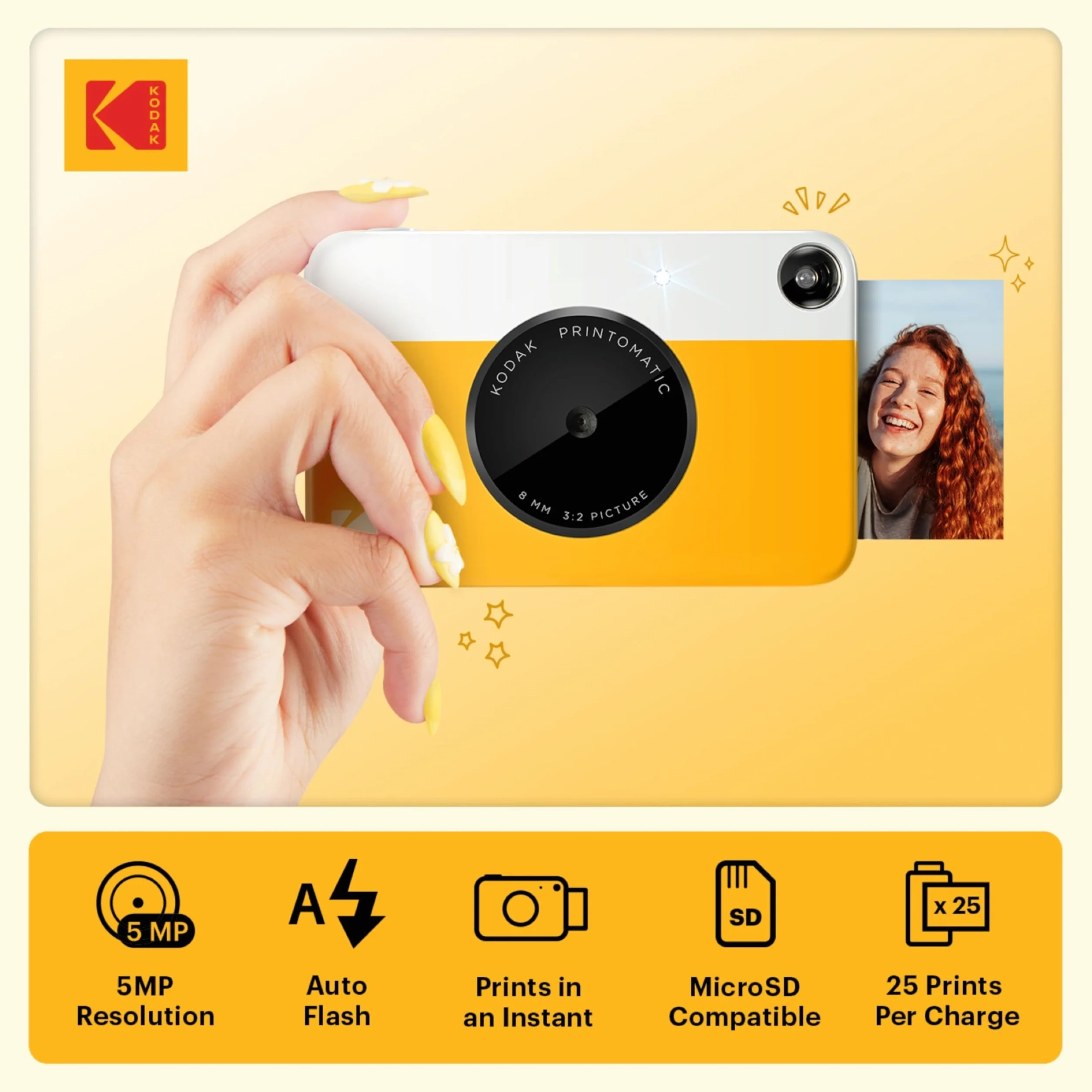 KODAK Printomatic zestaw aparatu błyskawicznego żółty papier cynkowy 20 arkuszy etui Deluxe