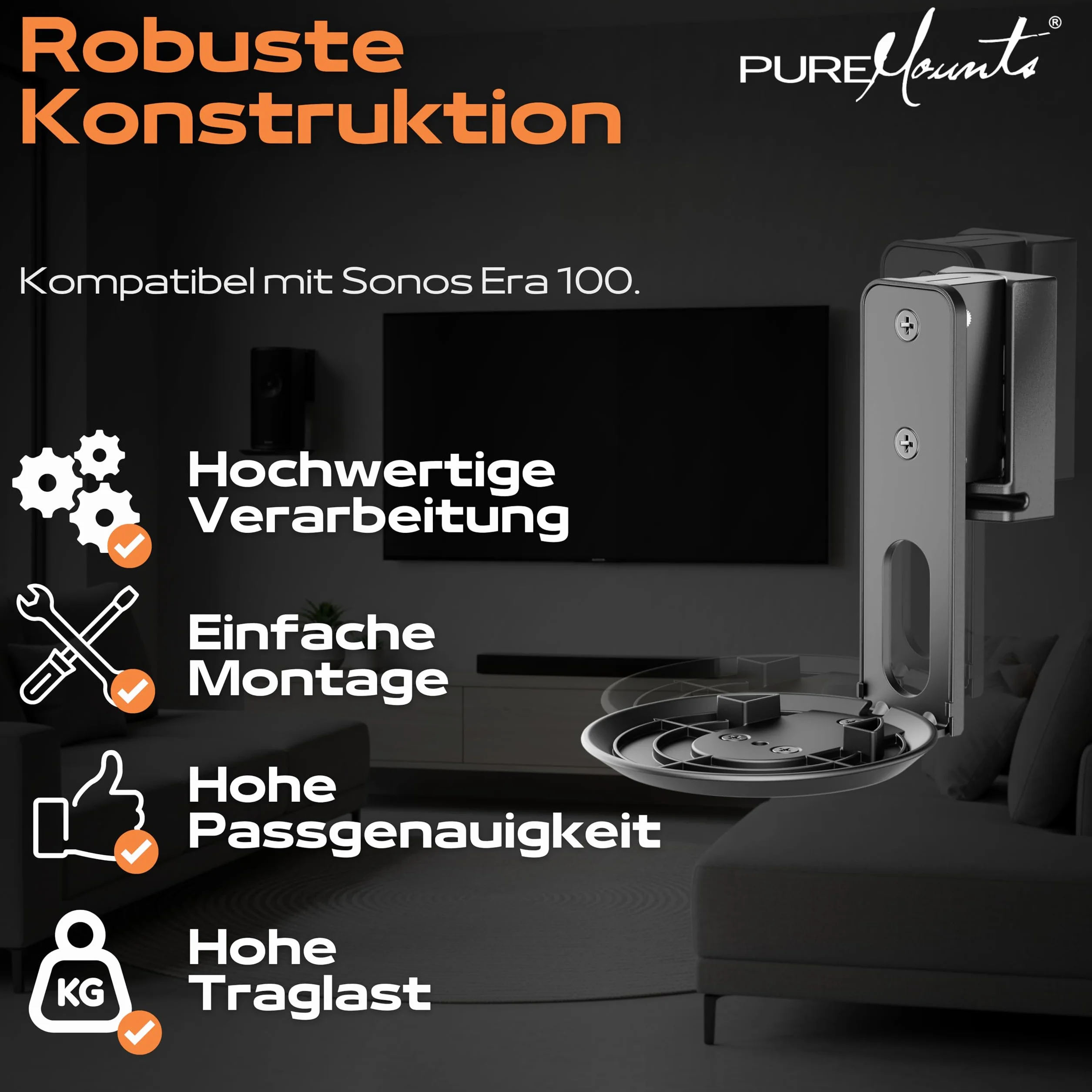PureMounts Uchwyt ścienny do Sonos Era 100, wychylny +/-45°, nachylenie 0/-18°, 3 kg, czarny