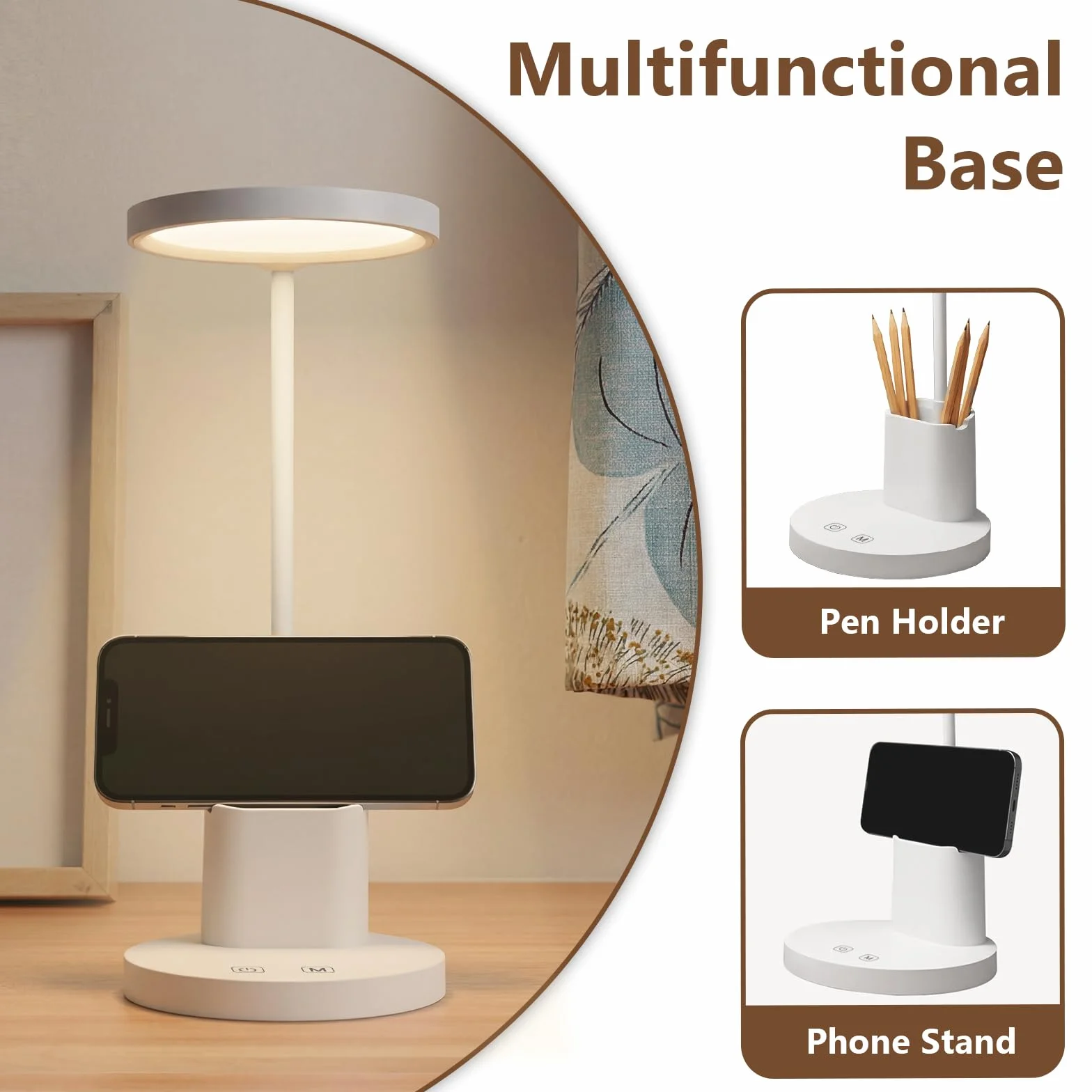 LQWELL Lampka biurkowa LED Touch dla dzieci i dorosłych, 360°, gęsia szyja, 3 kolory i regulacja jasności, z uchwytem na długopis i telefon, przewód zasilający 1,2 m, wtyczka, kolor biały