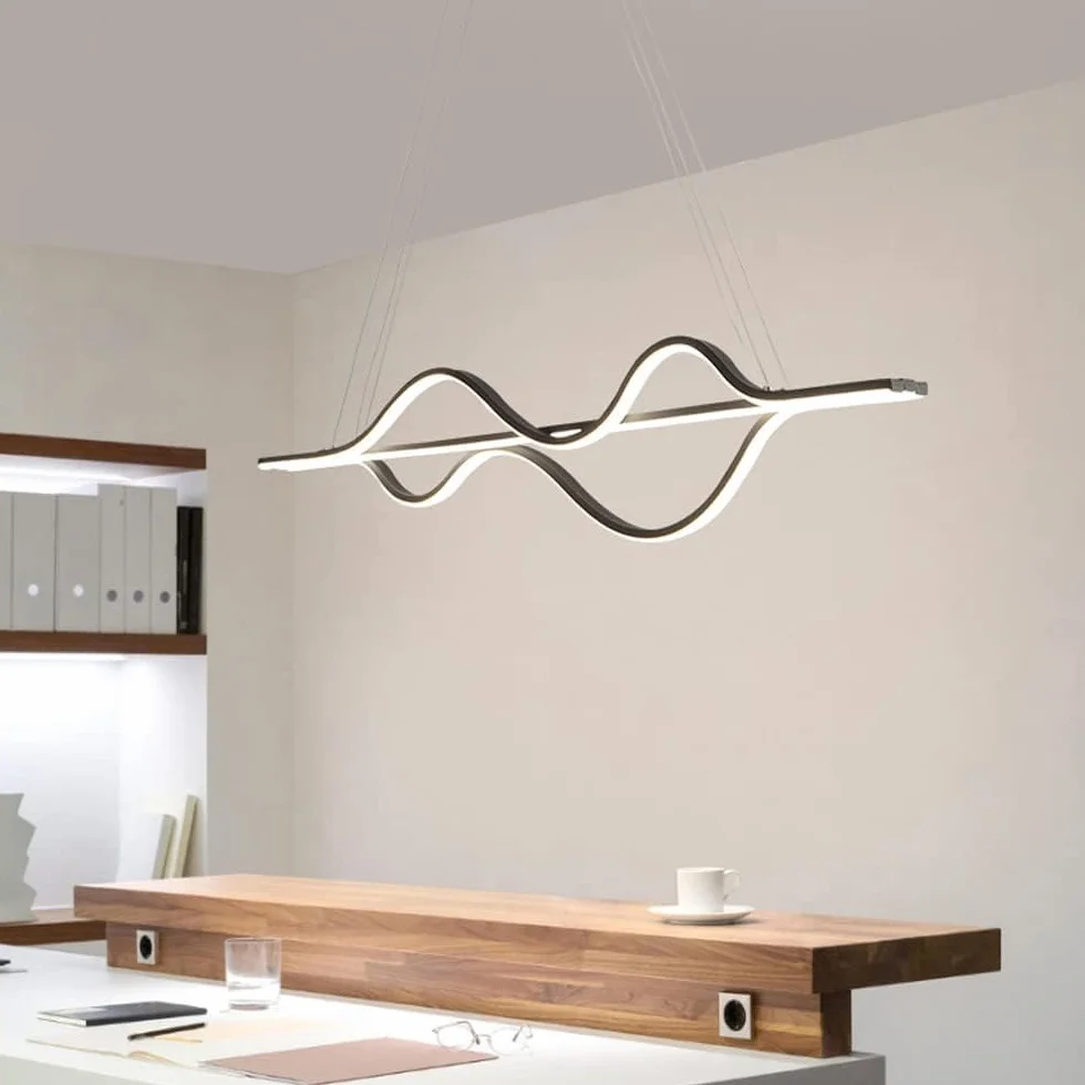 Czarna liniowa lampa wisząca LED do jadalni, nowoczesny żyrandol 48 W, z białego metalu, regulowana lampa wisząca, kompatybilna z kuchnią i sypialnią (ciemna)