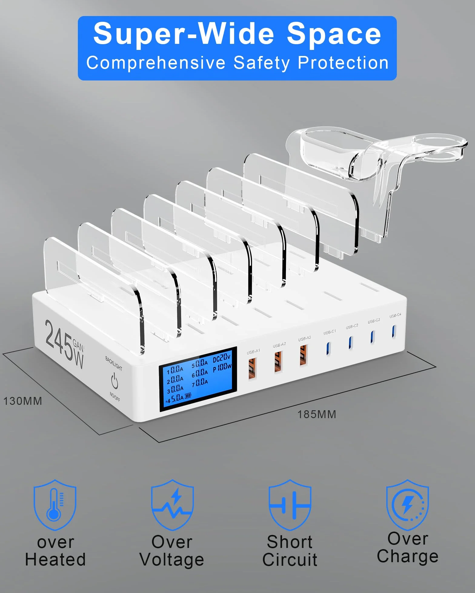 Stacja ładująca USB 245W 7 portów z ekranem LCD 2 w 1 kompatybilna z iPhone 16/15/Pro/Max Samsung